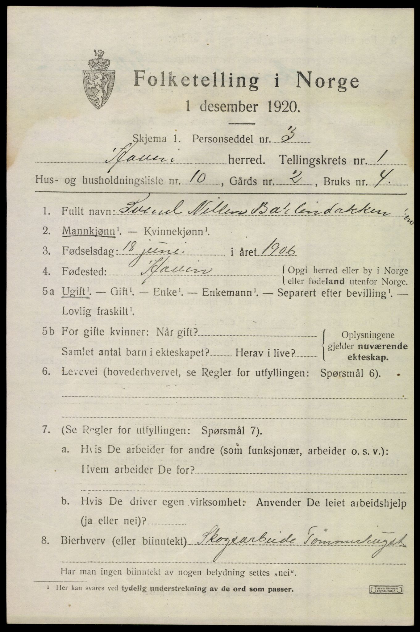 SAKO, 1920 census for Hovin, 1920, p. 469