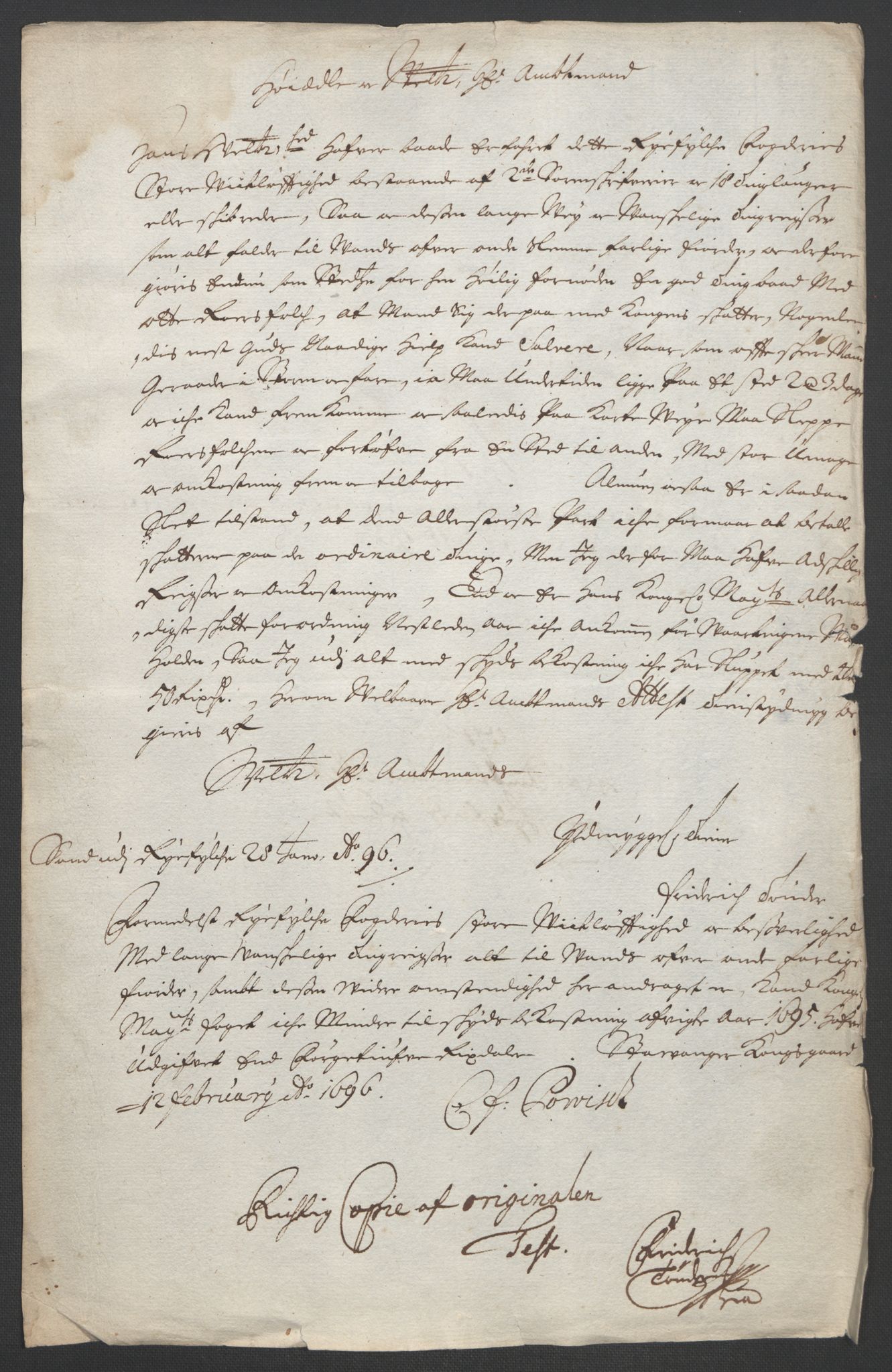 Rentekammeret inntil 1814, Reviderte regnskaper, Fogderegnskap, AV/RA-EA-4092/R47/L2857: Fogderegnskap Ryfylke, 1694-1696, p. 229