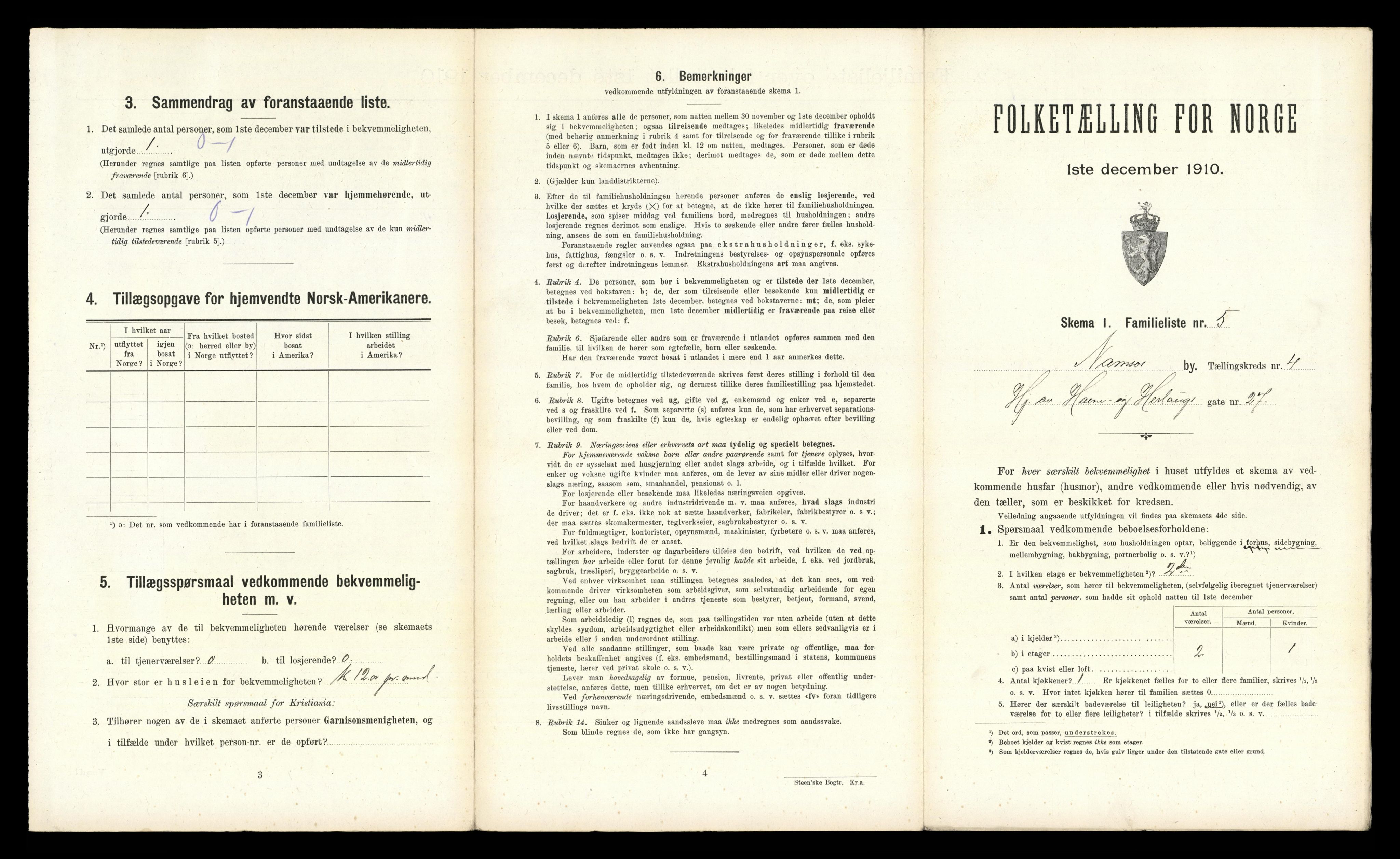 RA, 1910 census for Namsos, 1910, p. 1020