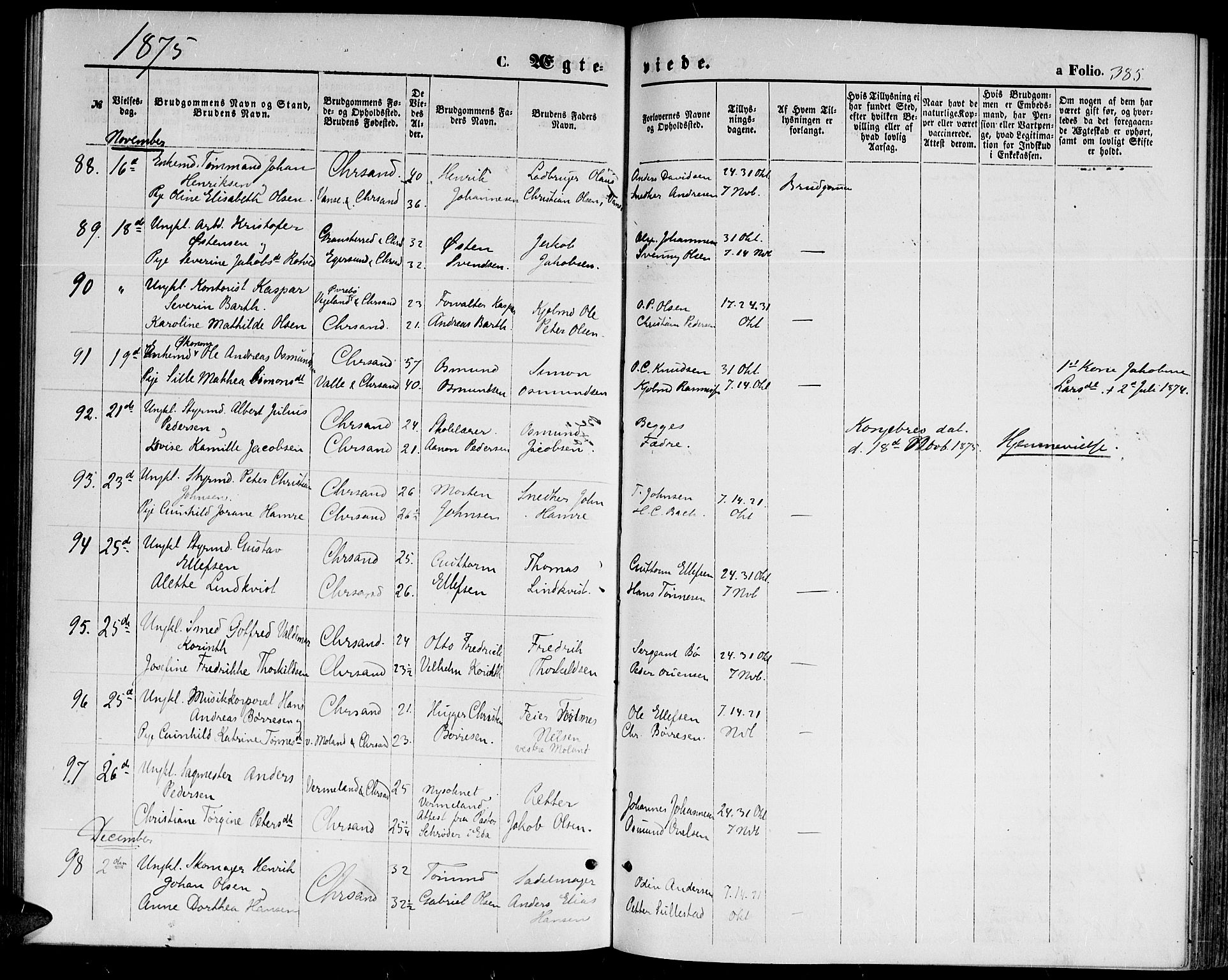 Kristiansand domprosti, SAK/1112-0006/F/Fb/L0013: Parish register (copy) no. B 13, 1871-1880, p. 385