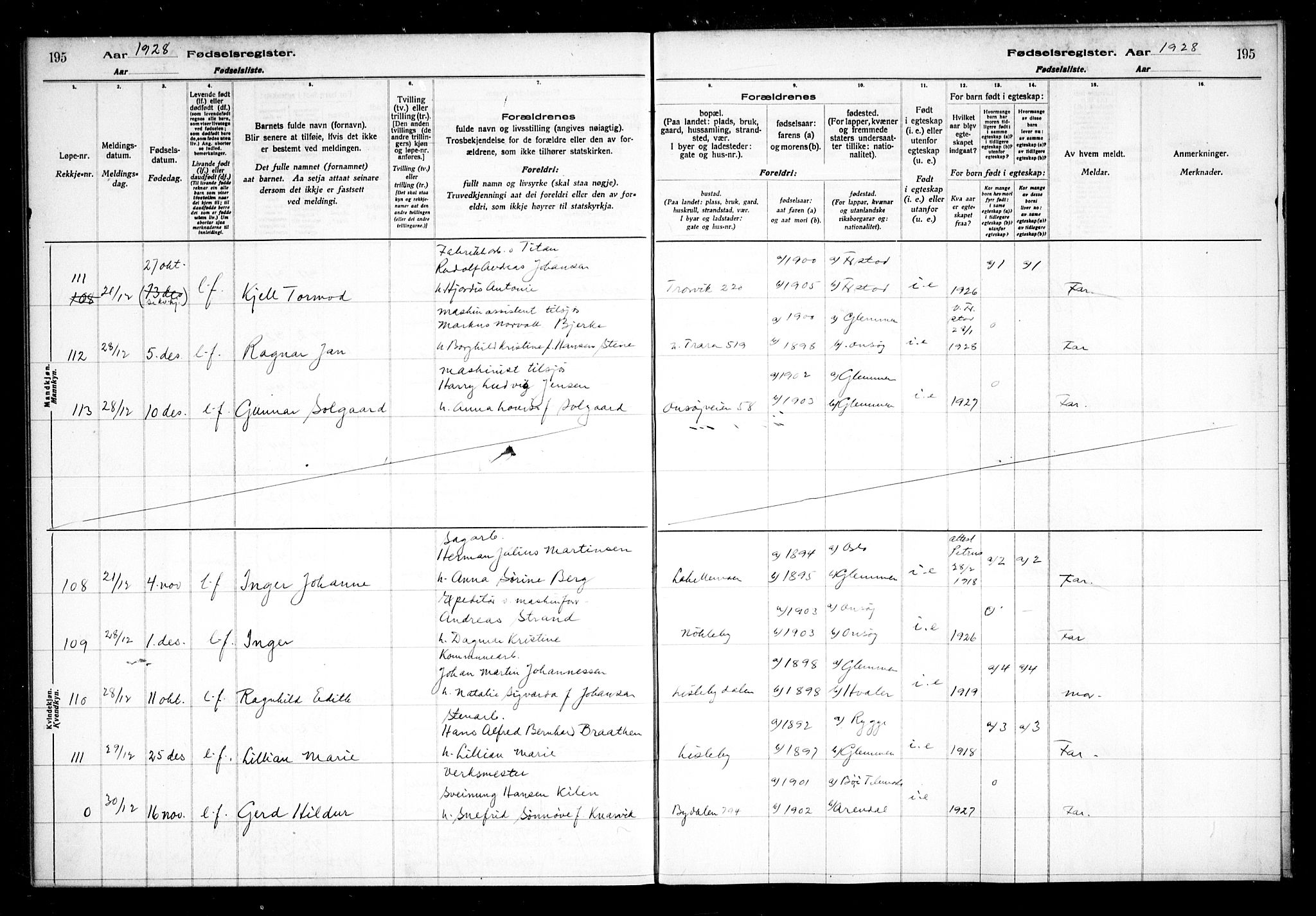 Glemmen prestekontor Kirkebøker, AV/SAO-A-10908/J/Ja/L0002: Birth register no. I 2, 1922-1929, p. 195