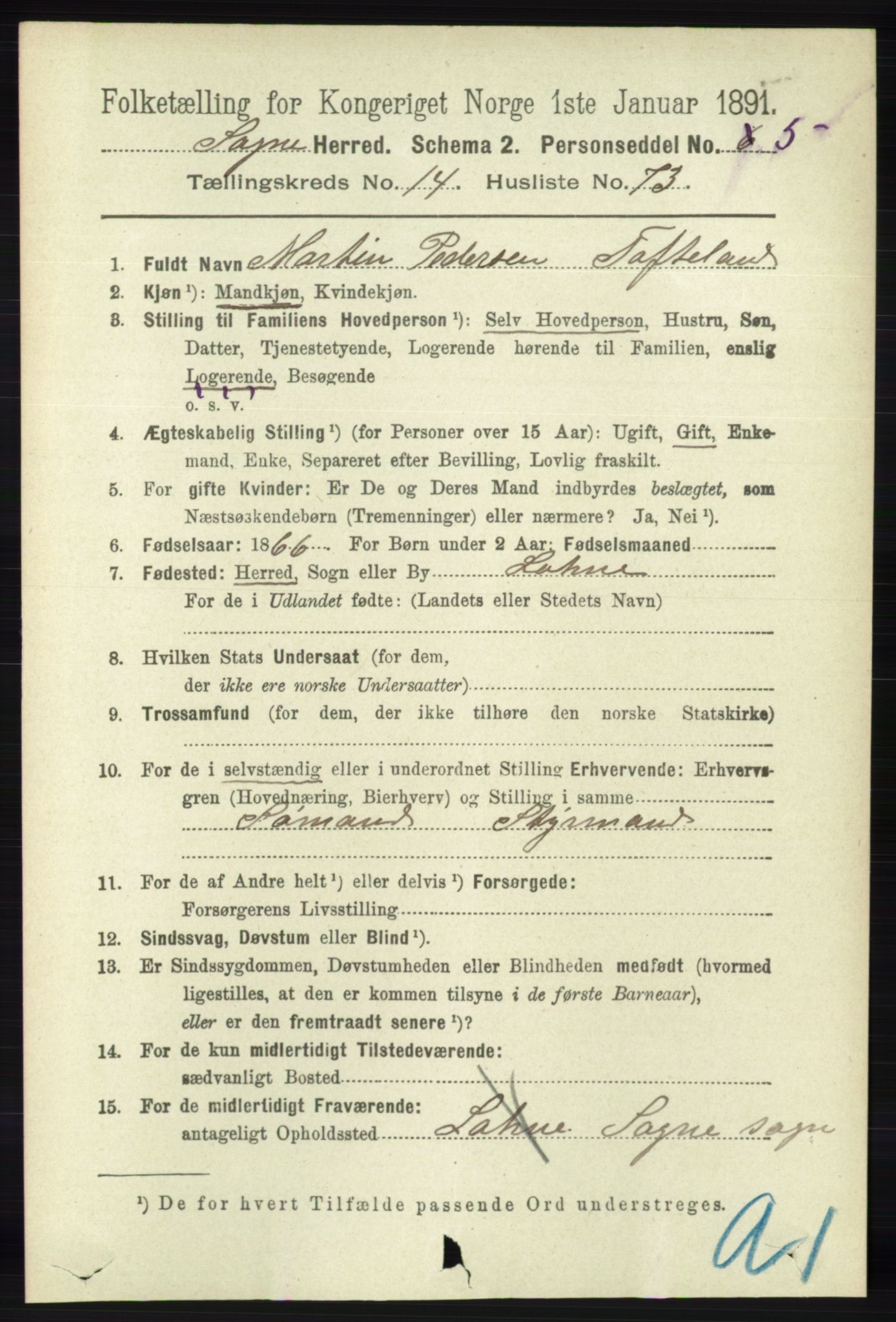 RA, 1891 census for 1018 Søgne, 1891, p. 3786