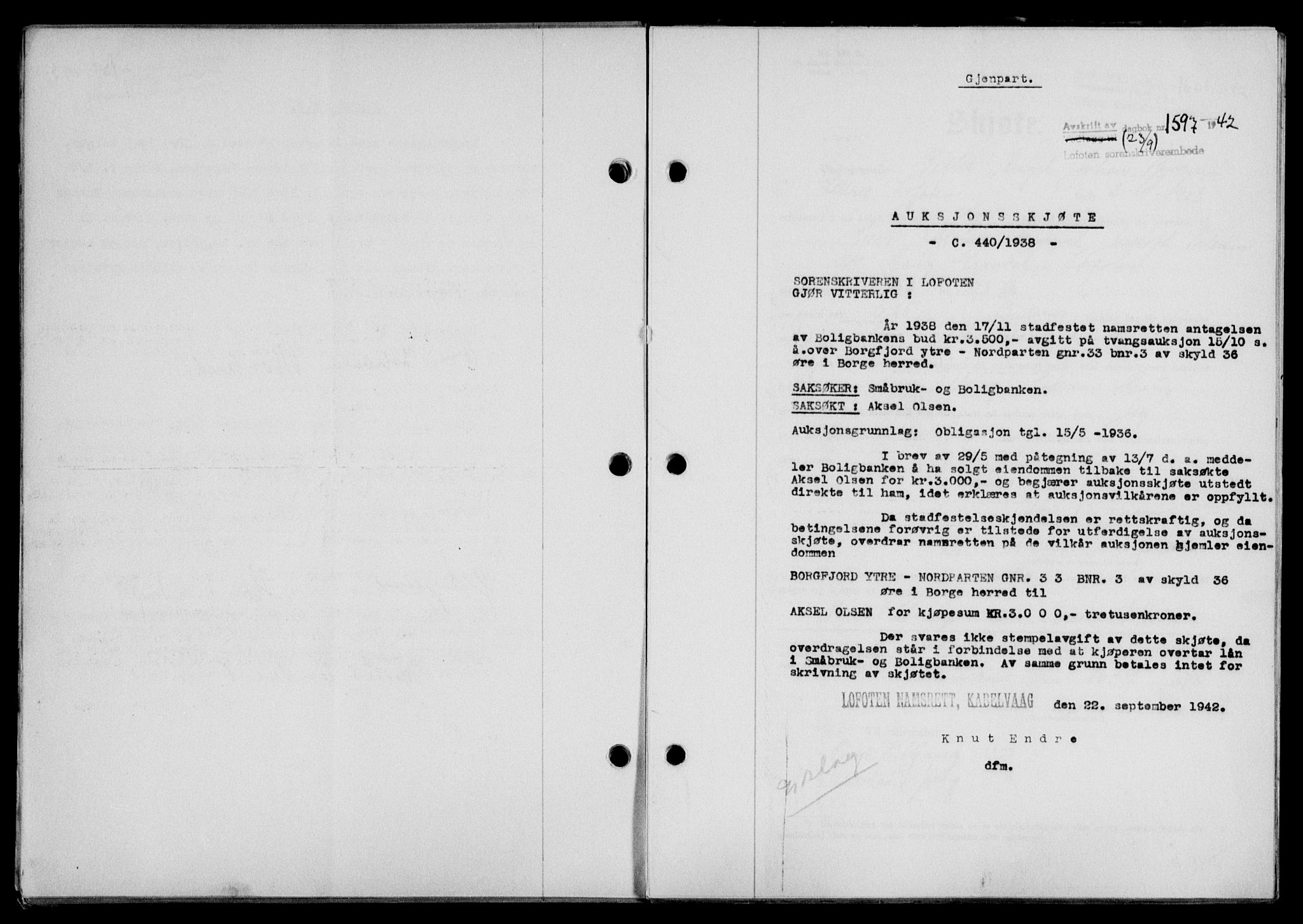 Lofoten sorenskriveri, SAT/A-0017/1/2/2C/L0010a: Mortgage book no. 10a, 1942-1943, Diary no: : 1597/1942