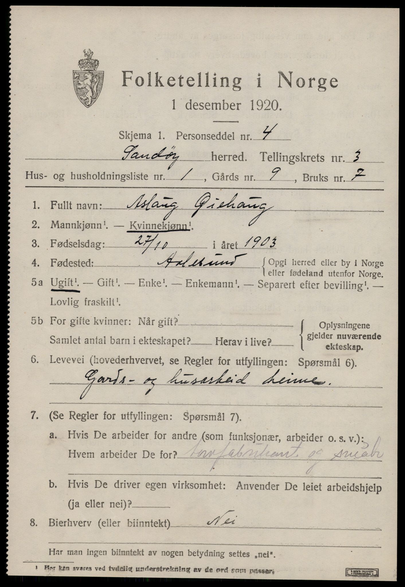 SAT, 1920 census for Sandøy, 1920, p. 1068