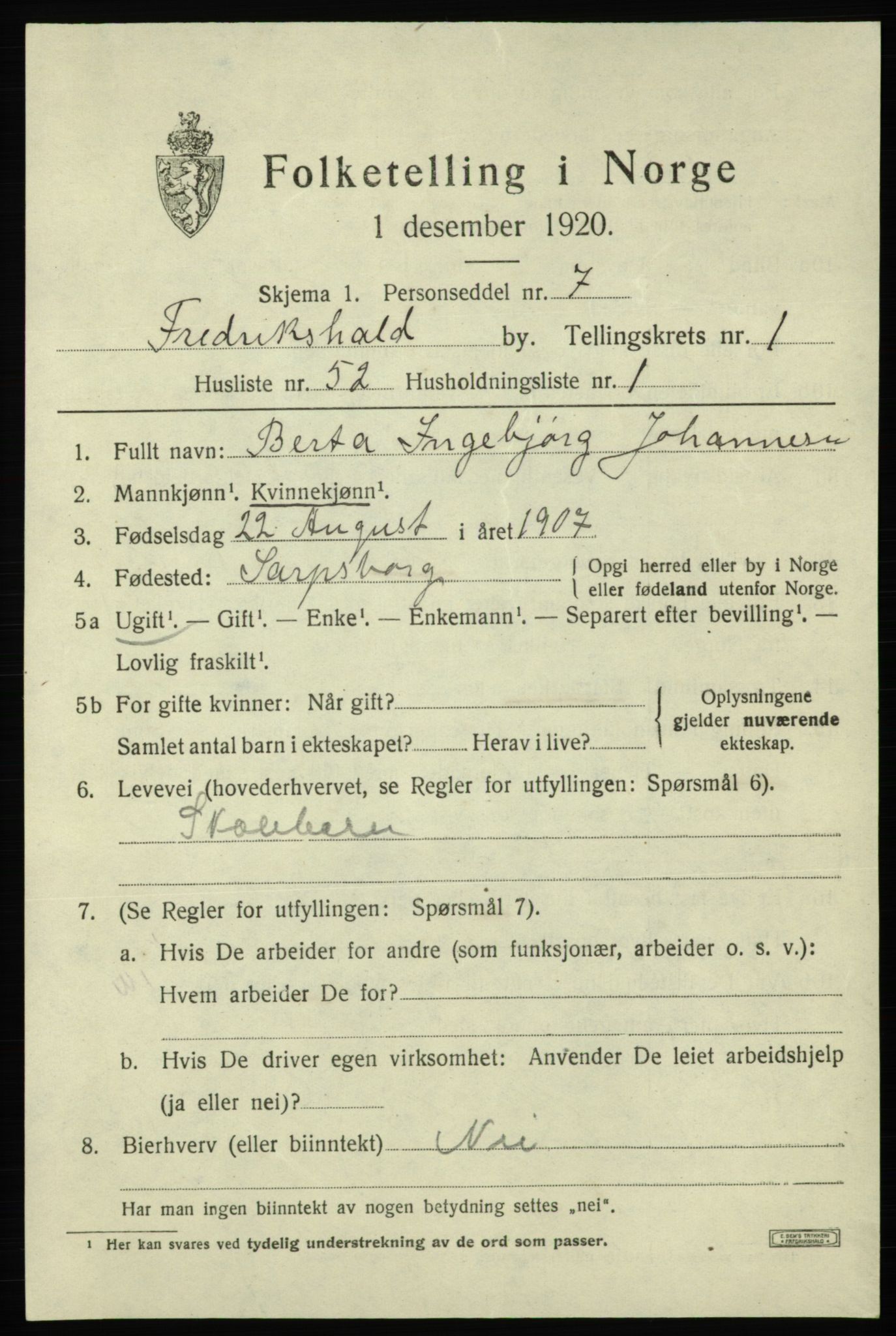 SAO, 1920 census for Fredrikshald, 1920, p. 9059
