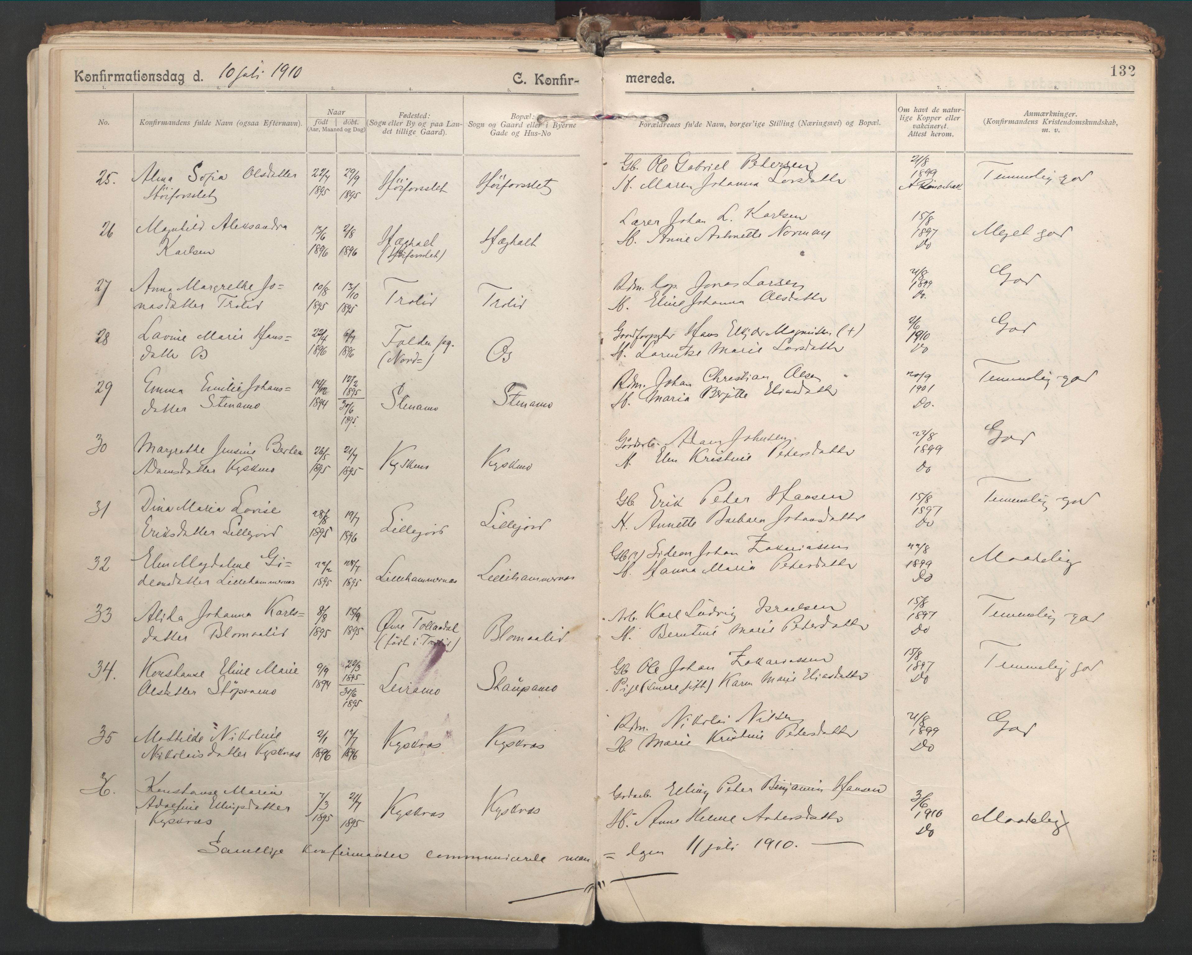 Ministerialprotokoller, klokkerbøker og fødselsregistre - Nordland, SAT/A-1459/846/L0647: Parish register (official) no. 846A05, 1902-1915, p. 132