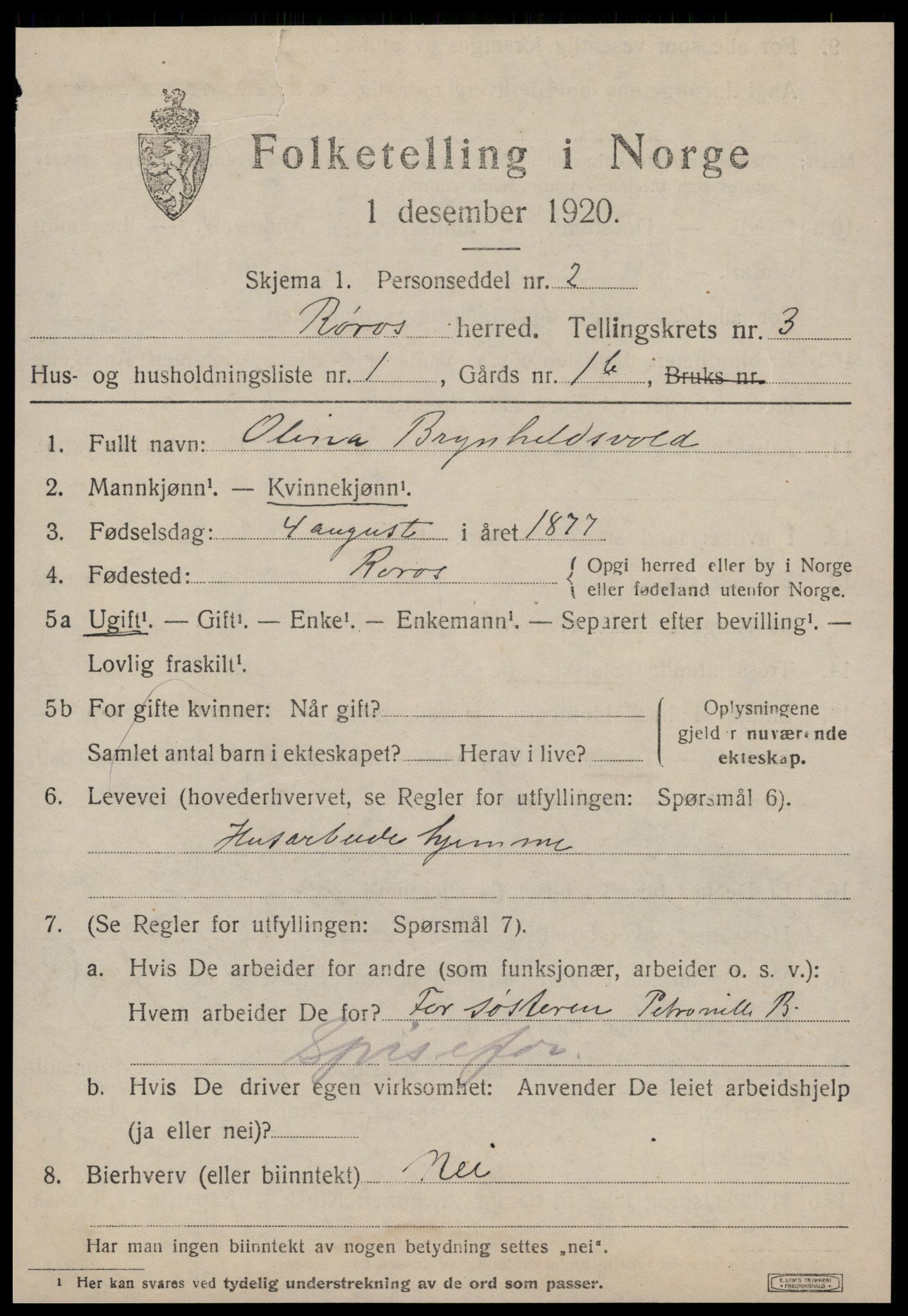 SAT, 1920 census for Røros, 1920, p. 3902