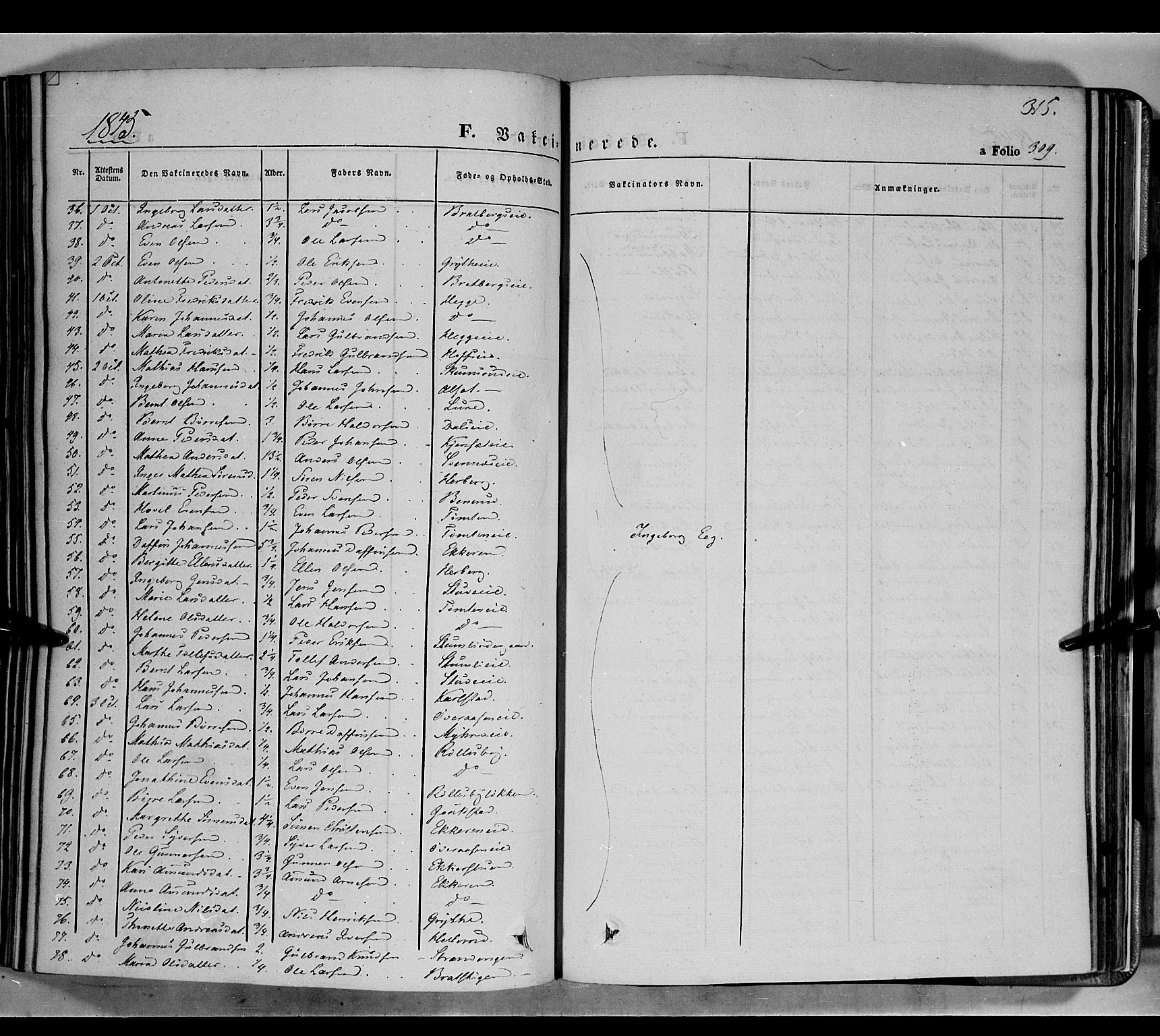 Biri prestekontor, SAH/PREST-096/H/Ha/Haa/L0005: Parish register (official) no. 5, 1843-1854, p. 315