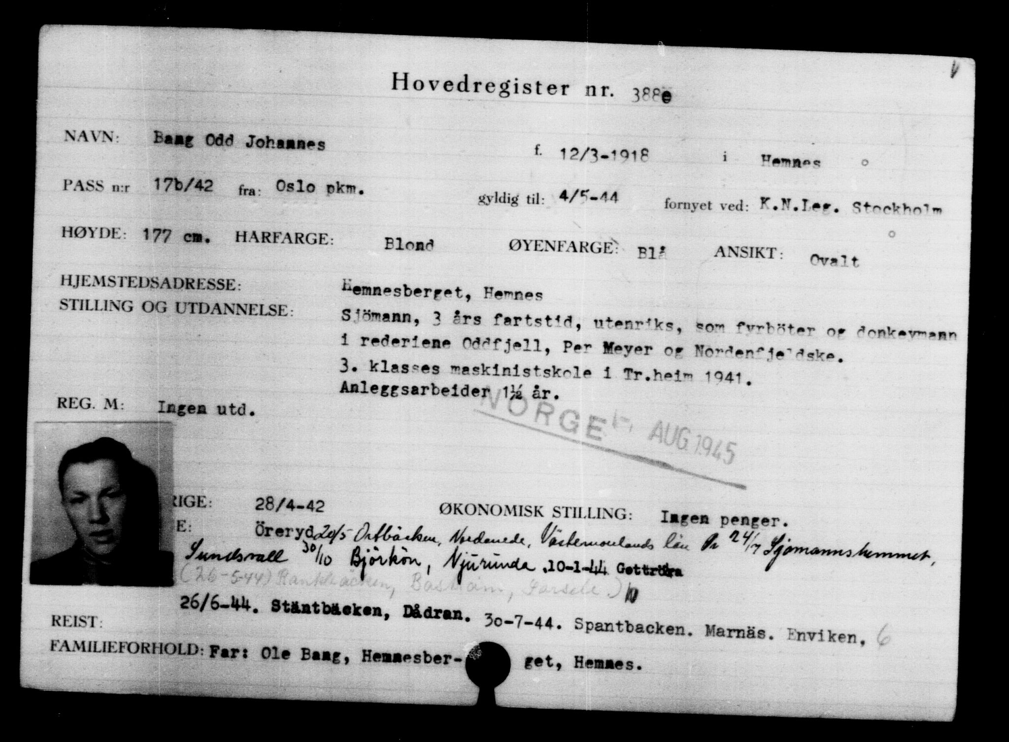 Utenriksstasjonene, Legasjonen i Stockholm, Flyktningkontoret, AV/RA-S-6753/V/Va/L0004: Kjesäterkartoteket, flyktninger med registreringsnr. 3496-6610, 1940-1945, p. 447