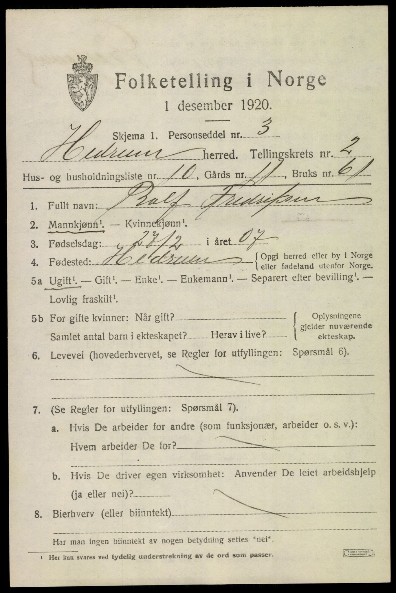 SAKO, 1920 census for Hedrum, 1920, p. 2523