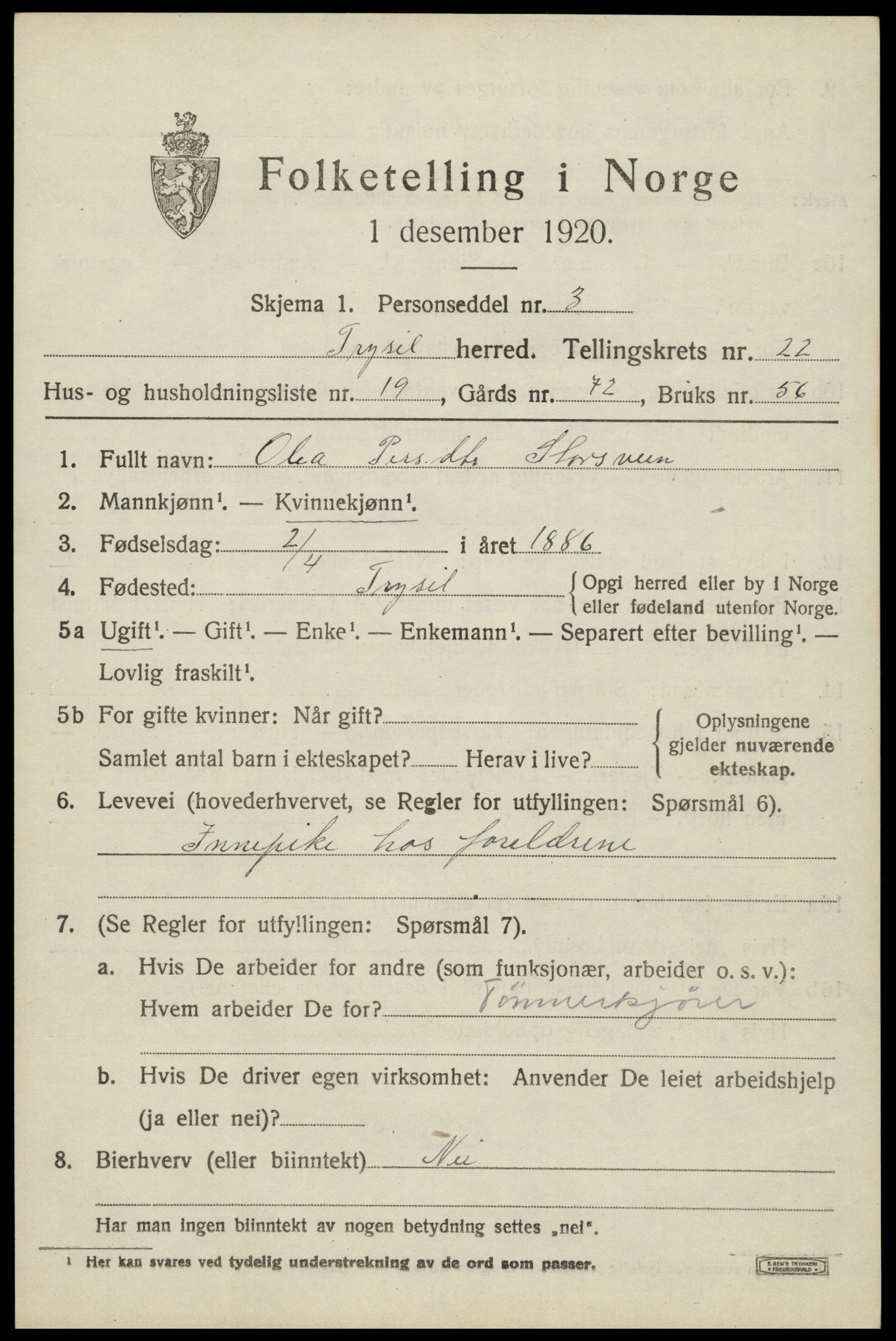 SAH, 1920 census for Trysil, 1920, p. 14831