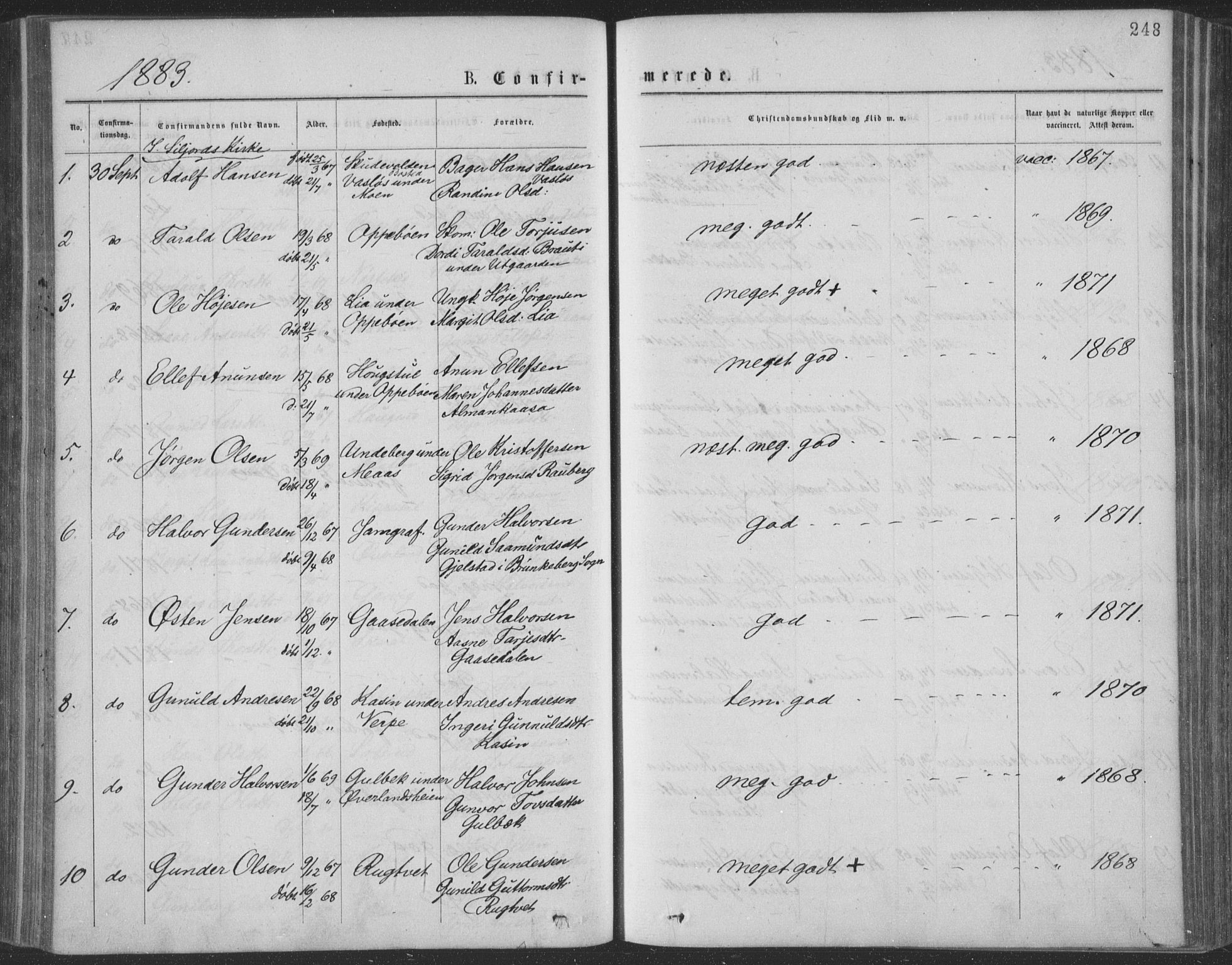 Seljord kirkebøker, SAKO/A-20/F/Fa/L0014: Parish register (official) no. I 14, 1877-1886, p. 248