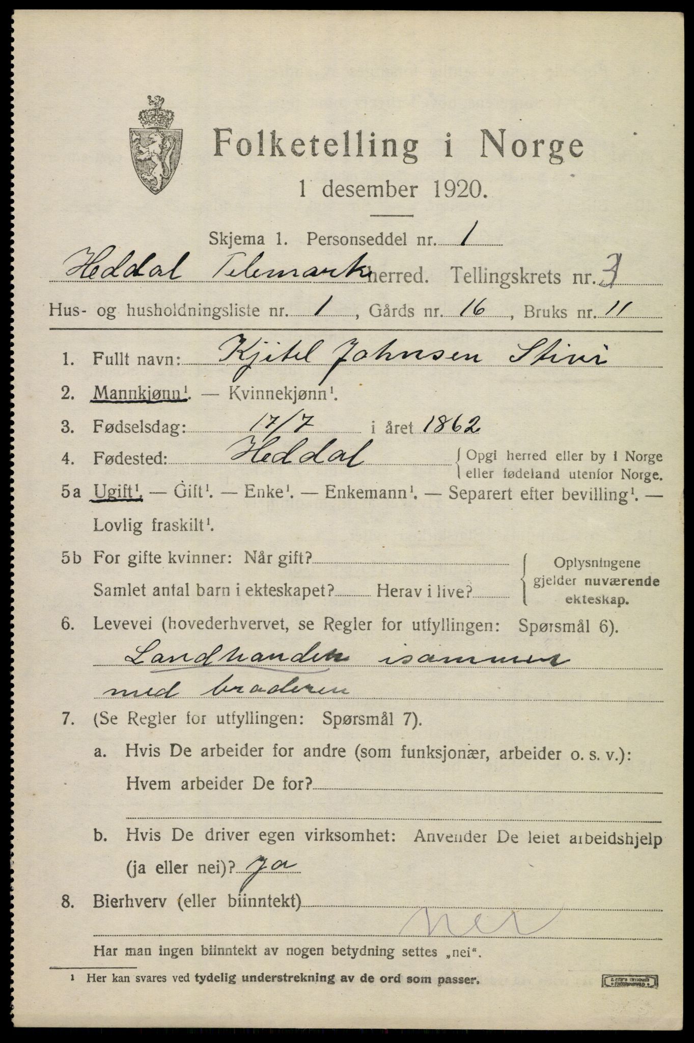 SAKO, 1920 census for Heddal, 1920, p. 3646