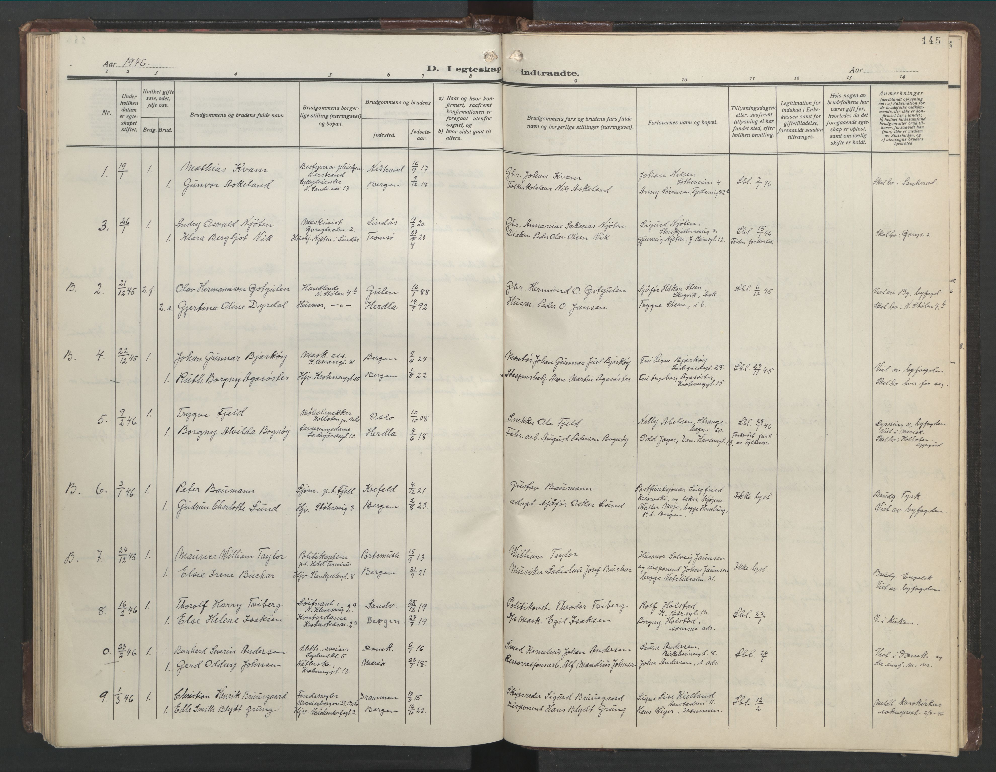 Mariakirken Sokneprestembete, SAB/A-76901/H/Hab/L0011: Parish register (copy) no. A 11, 1938-1955, p. 144b-145a