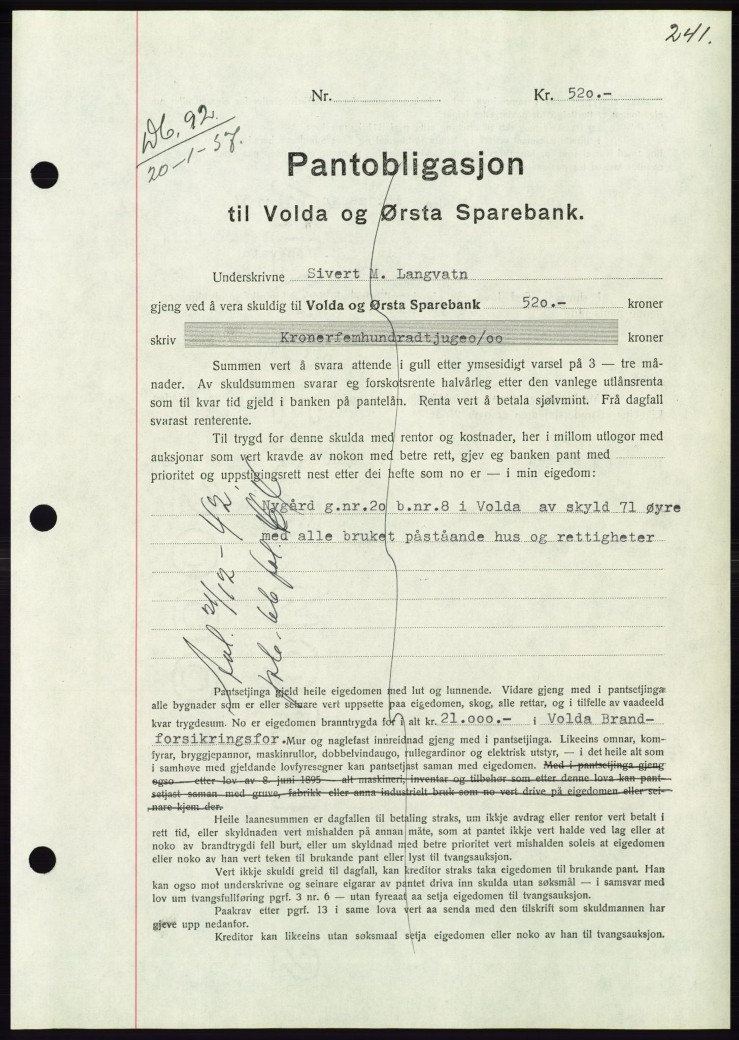 Søre Sunnmøre sorenskriveri, AV/SAT-A-4122/1/2/2C/L0062: Mortgage book no. 56, 1936-1937, Diary no: : 92/1937