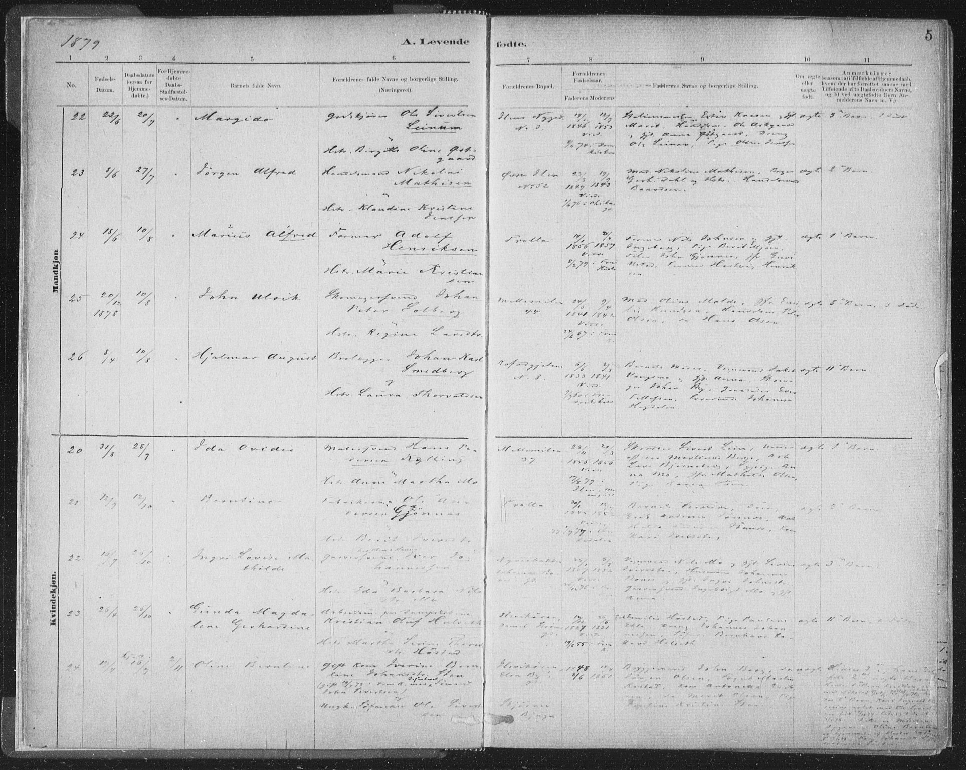 Ministerialprotokoller, klokkerbøker og fødselsregistre - Sør-Trøndelag, SAT/A-1456/603/L0162: Parish register (official) no. 603A01, 1879-1895, p. 5