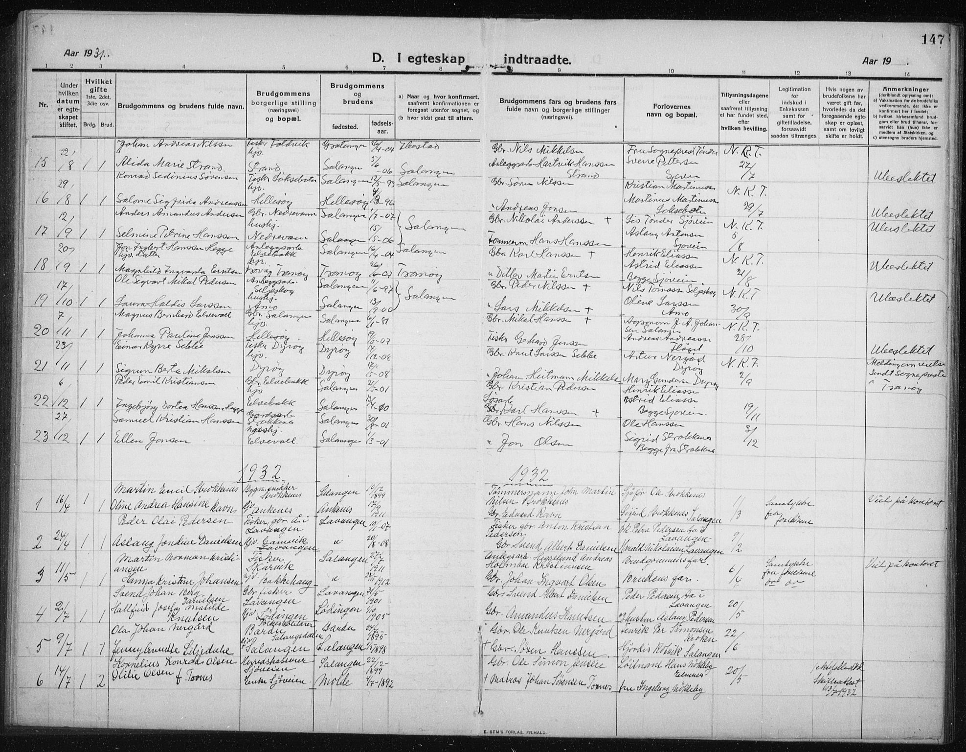 Salangen sokneprestembete, SATØ/S-1324/H/Ha/L0005klokker: Parish register (copy) no. 5, 1918-1937, p. 147