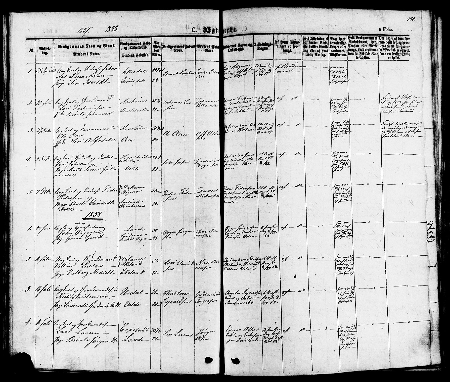 Skjold sokneprestkontor, SAST/A-101847/H/Ha/Haa/L0007: Parish register (official) no. A 7, 1857-1882, p. 150