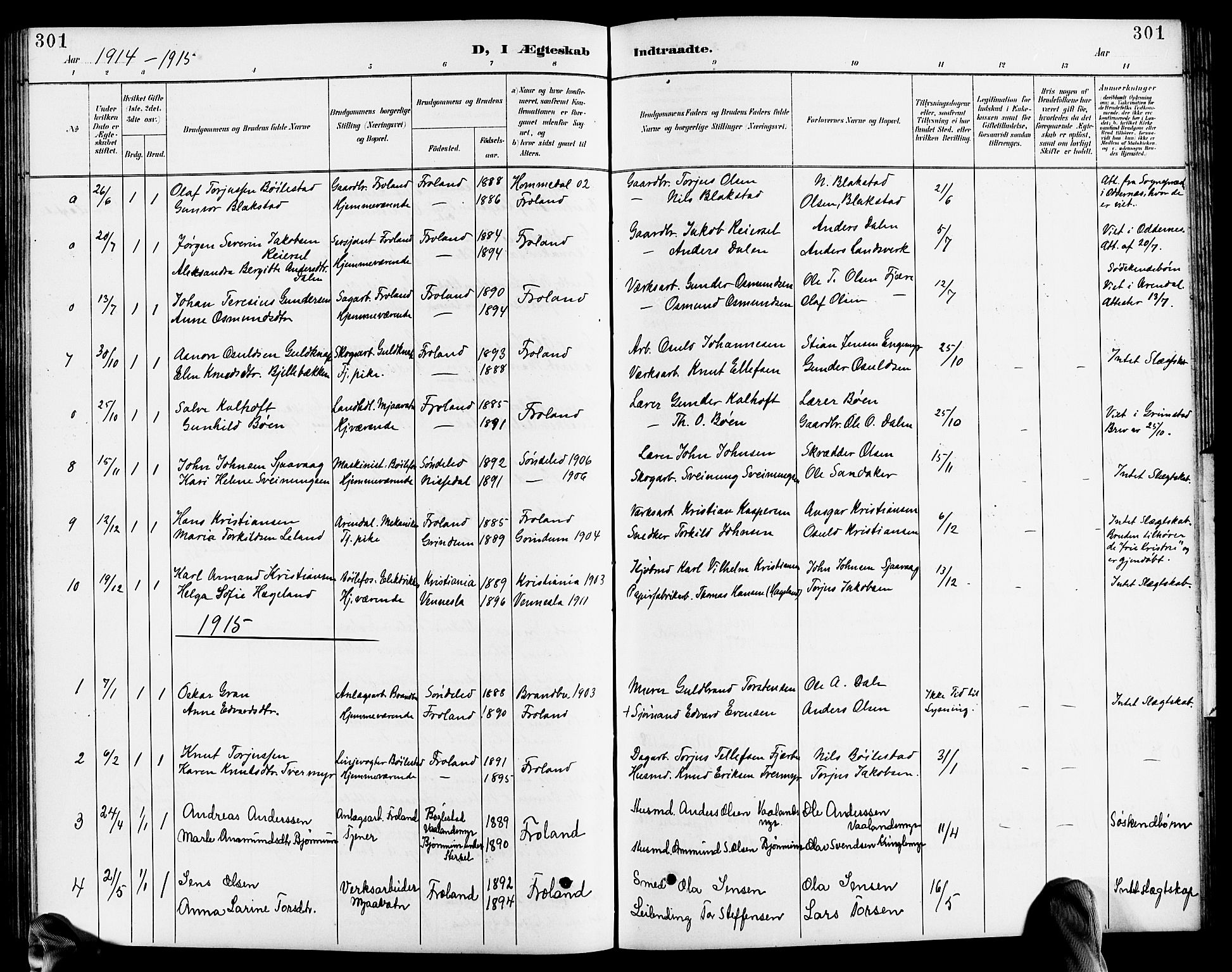 Froland sokneprestkontor, SAK/1111-0013/F/Fb/L0010: Parish register (copy) no. B 10, 1893-1920, p. 301