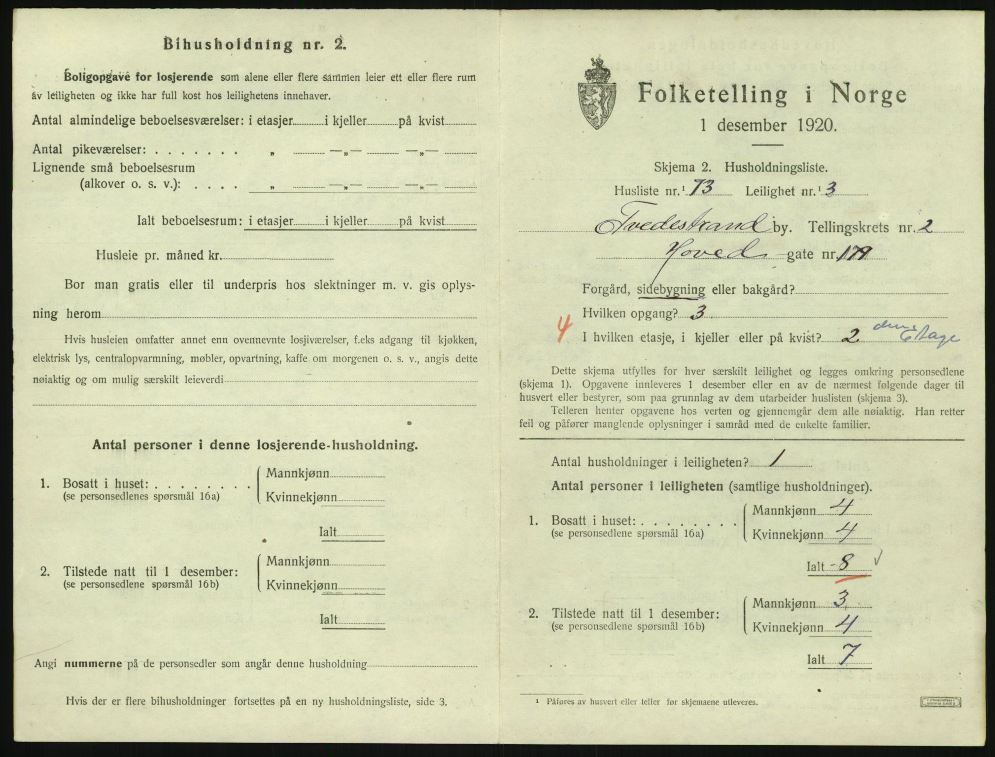 SAK, 1920 census for Tvedestrand, 1920, p. 1133