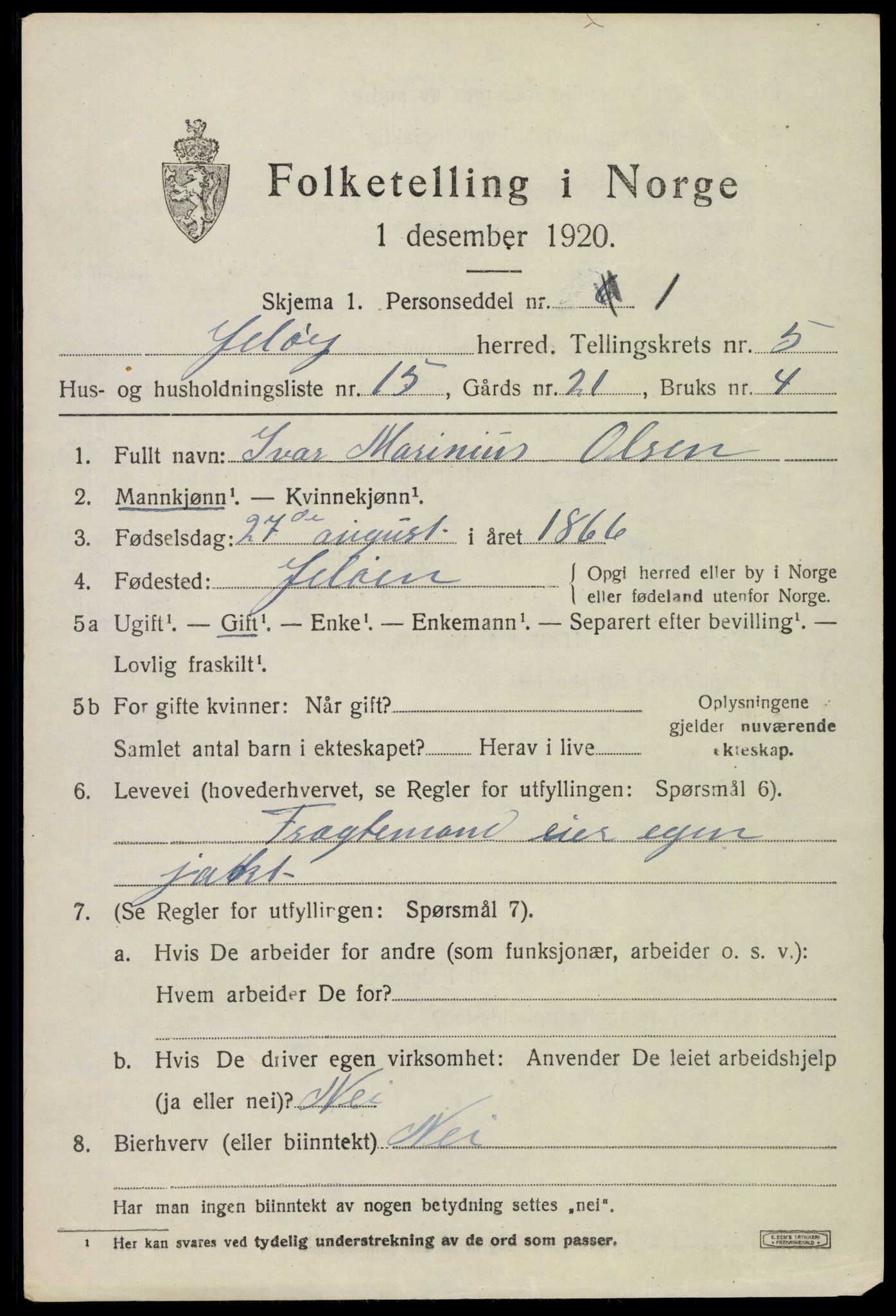 SAO, 1920 census for Moss land district, 1920, p. 6419