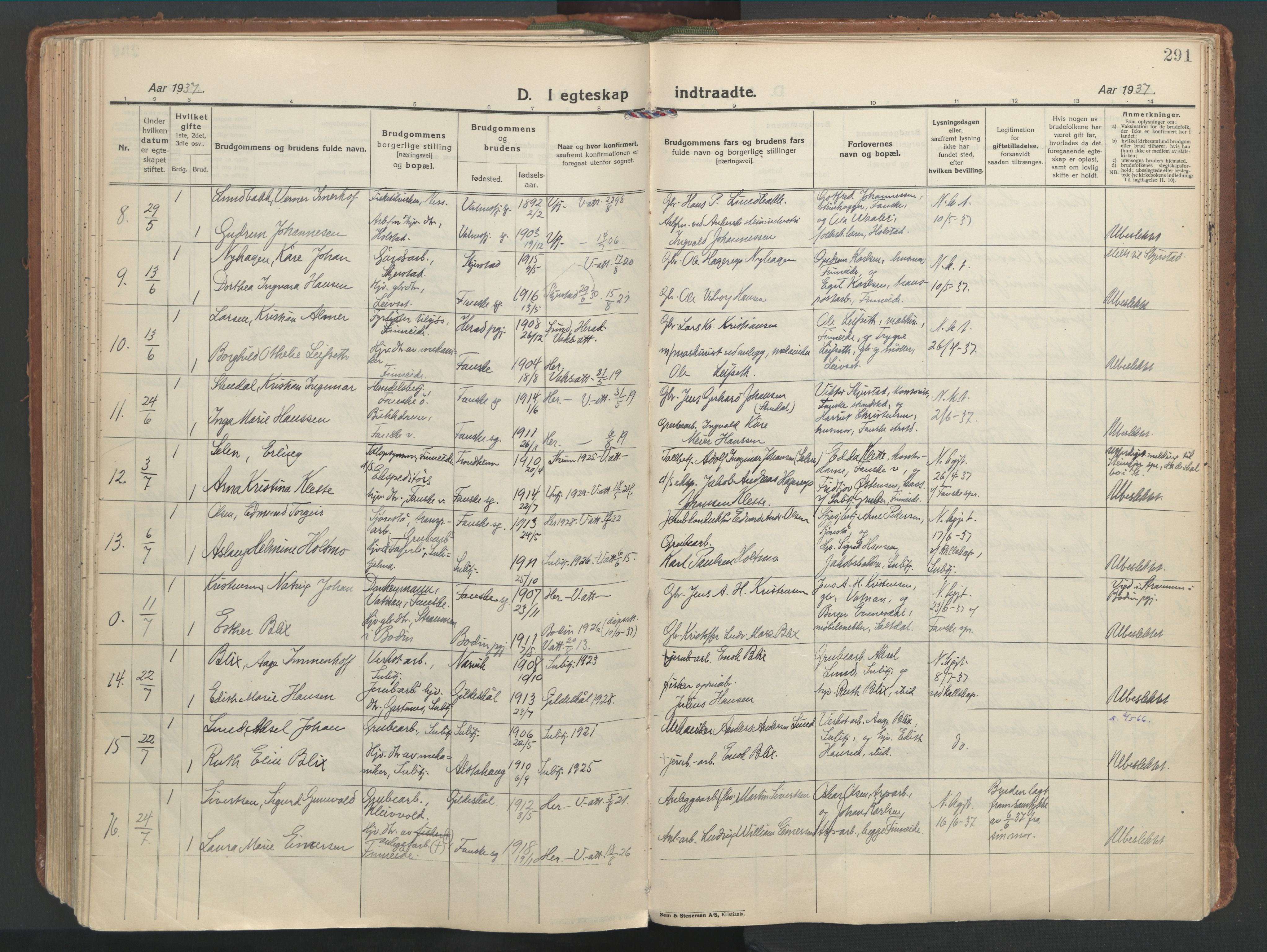 Ministerialprotokoller, klokkerbøker og fødselsregistre - Nordland, AV/SAT-A-1459/849/L0699: Parish register (official) no. 849A10, 1924-1937, p. 291