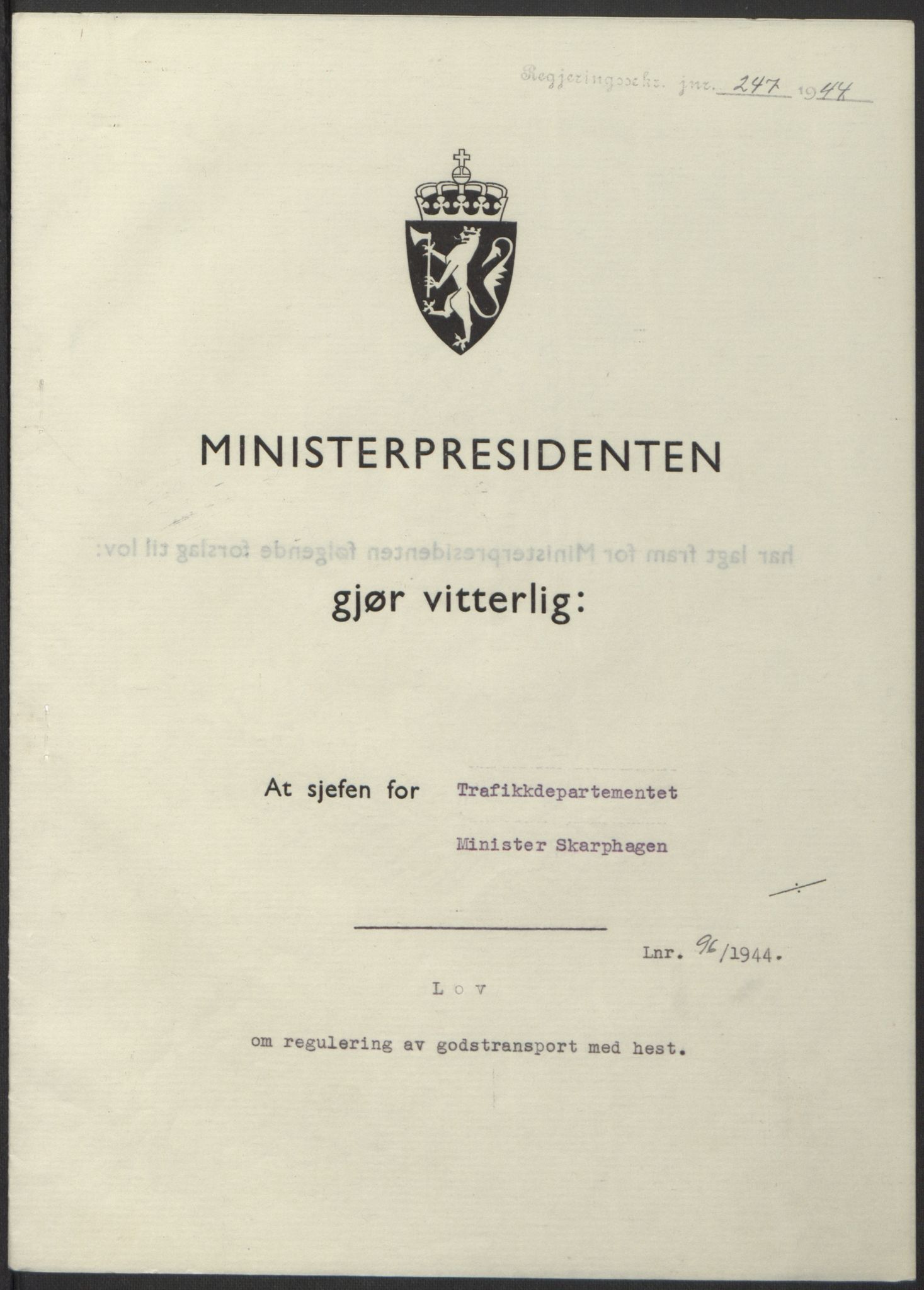 NS-administrasjonen 1940-1945 (Statsrådsekretariatet, de kommisariske statsråder mm), RA/S-4279/D/Db/L0100: Lover, 1944, p. 460
