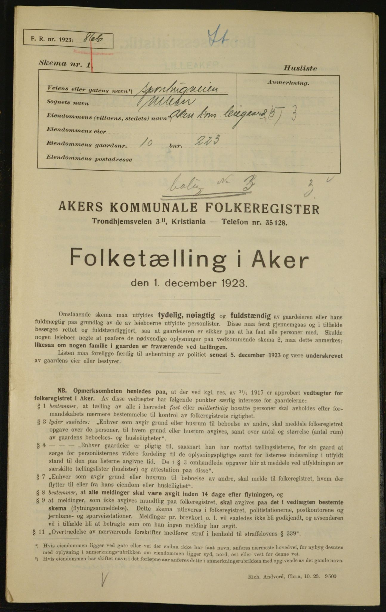 , Municipal Census 1923 for Aker, 1923, p. 5333