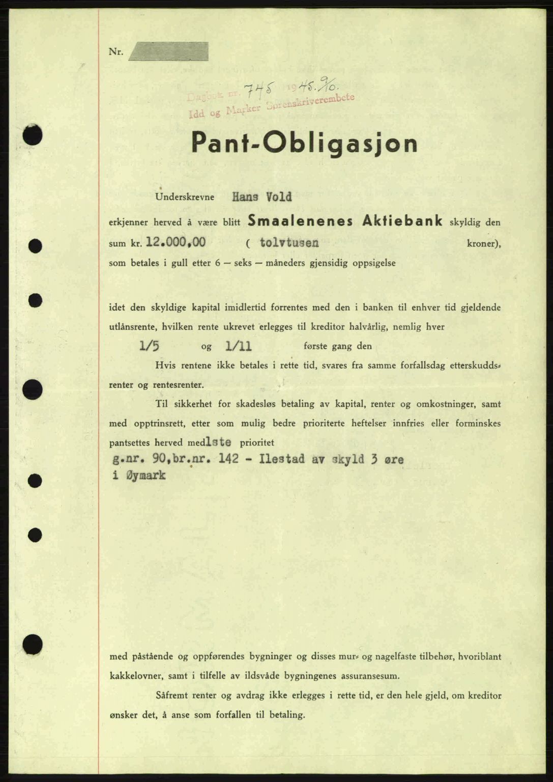 Idd og Marker sorenskriveri, AV/SAO-A-10283/G/Gb/Gbc/L0002: Mortgage book no. B4-9a, 1939-1945, Diary no: : 745/1945