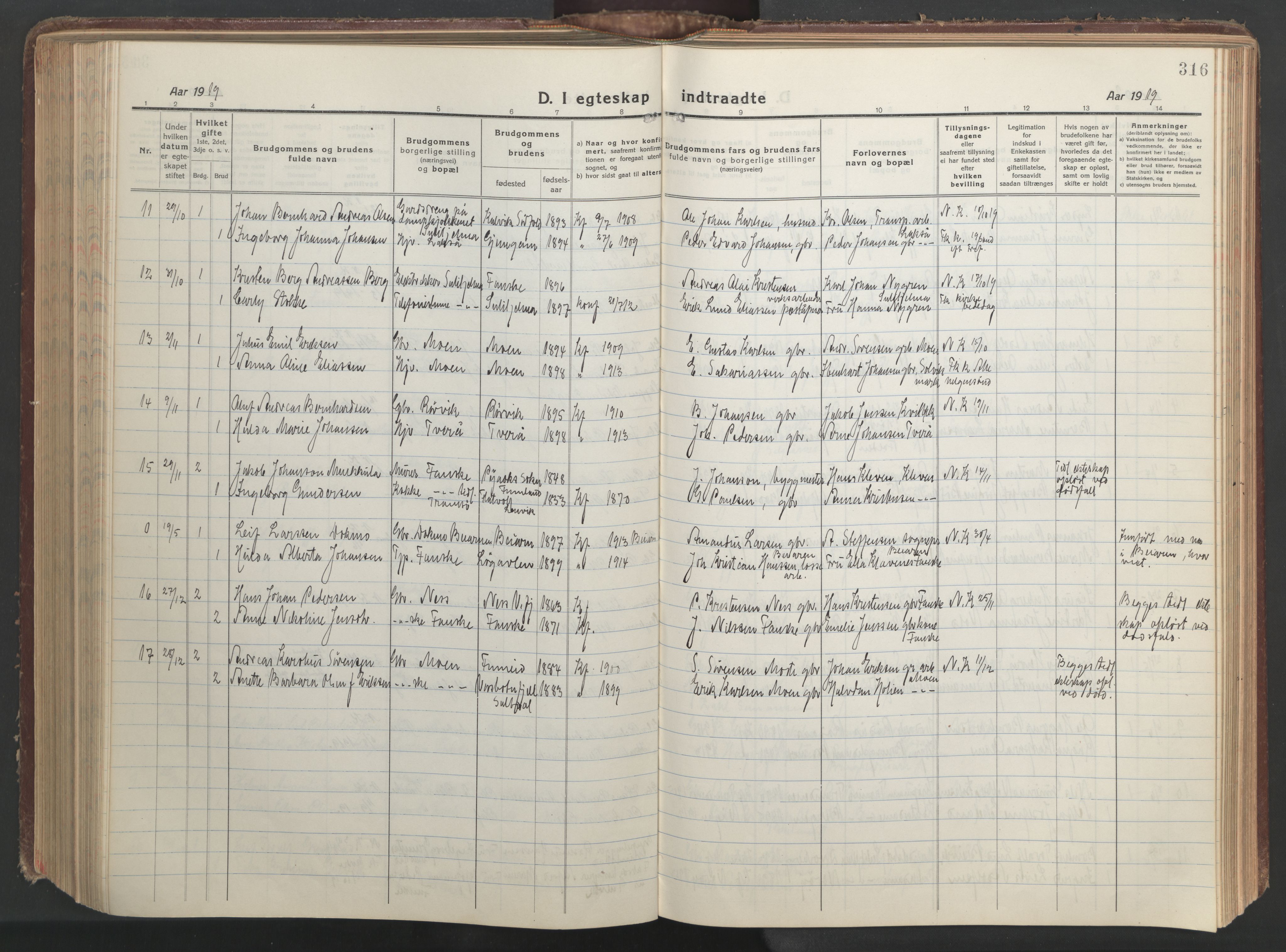 Ministerialprotokoller, klokkerbøker og fødselsregistre - Nordland, AV/SAT-A-1459/849/L0700: Parish register (copy) no. 849C01, 1919-1946, p. 316