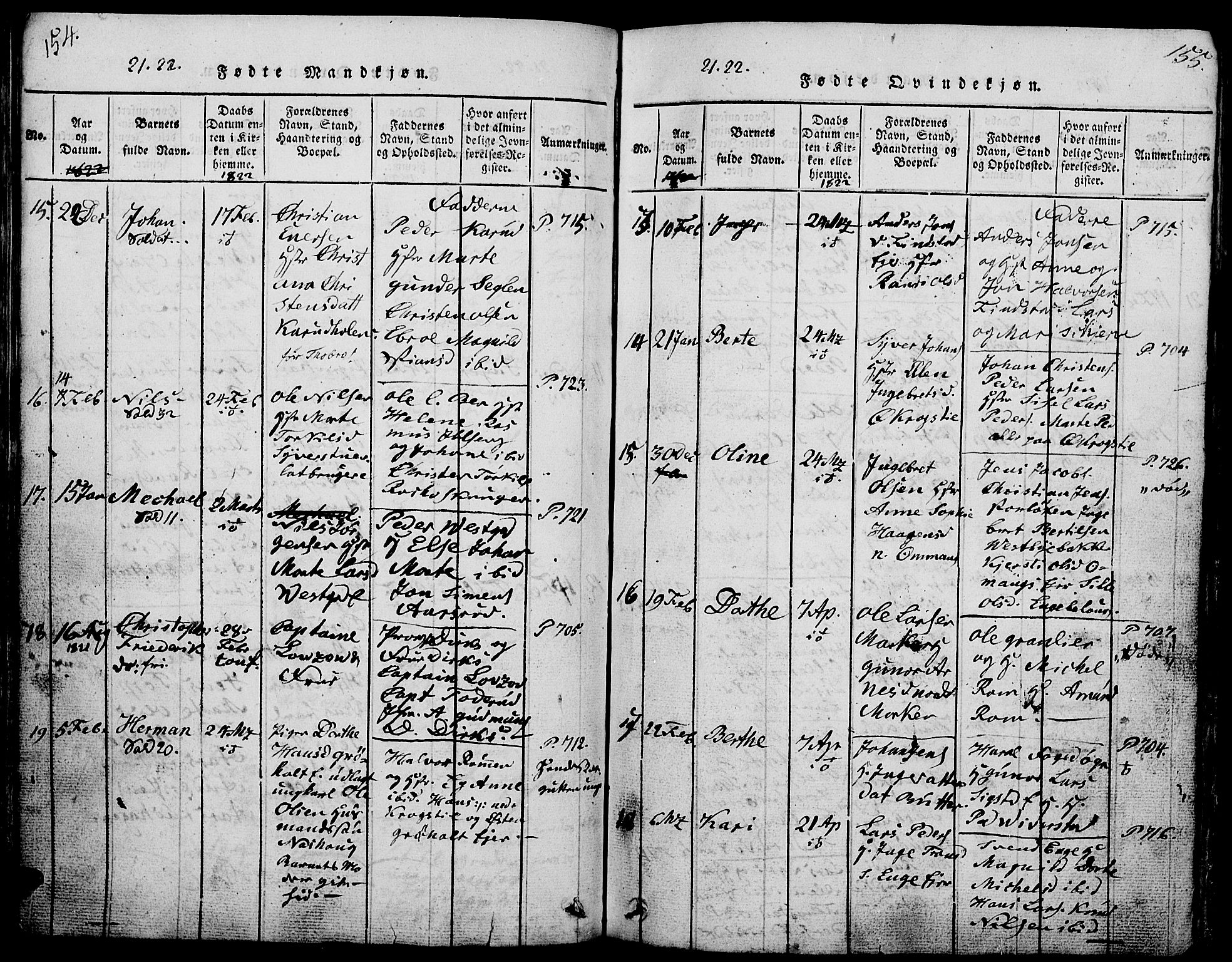 Løten prestekontor, AV/SAH-PREST-022/L/La/L0001: Parish register (copy) no. 1, 1812-1832, p. 154-155