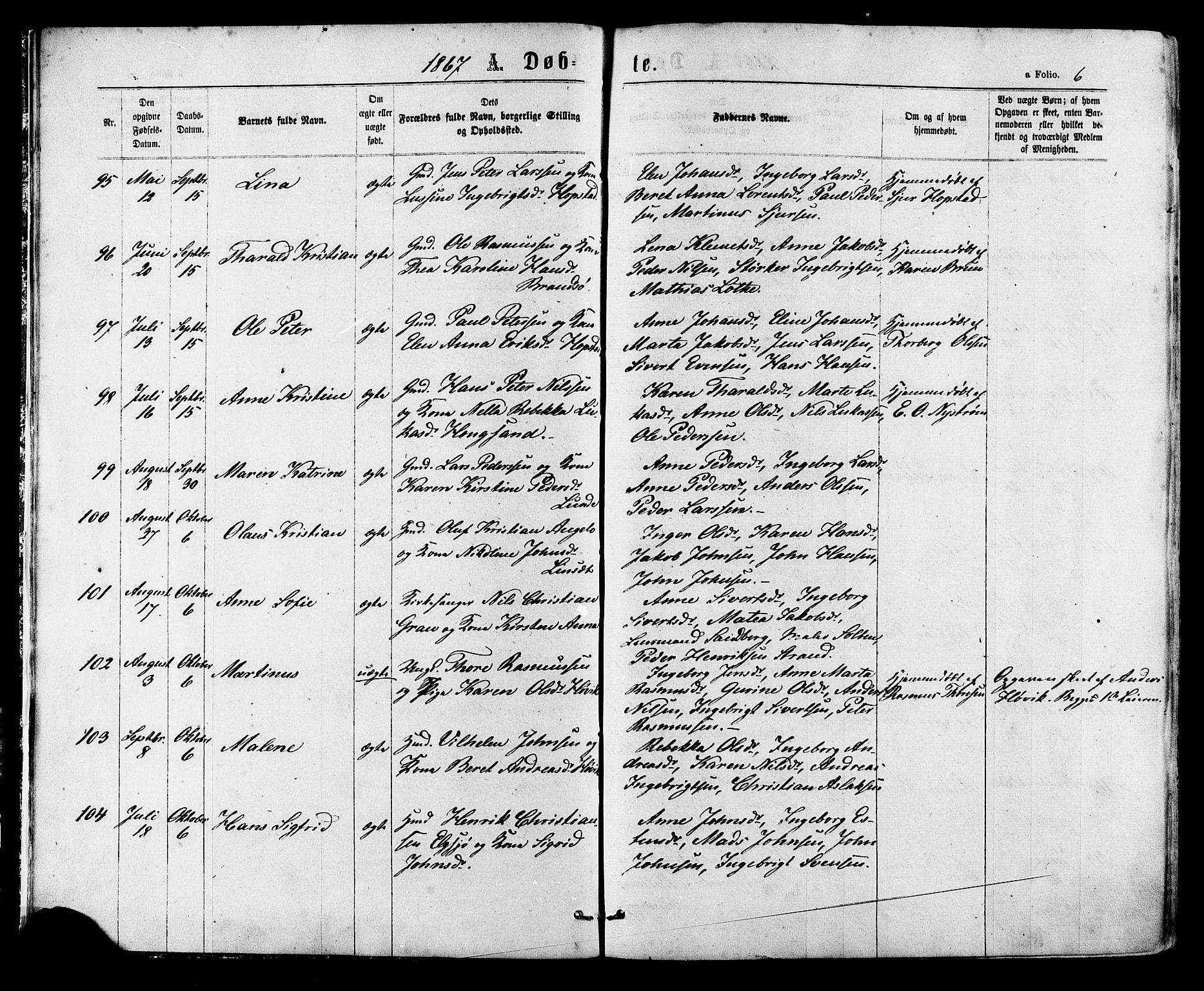 Ministerialprotokoller, klokkerbøker og fødselsregistre - Sør-Trøndelag, AV/SAT-A-1456/657/L0706: Parish register (official) no. 657A07, 1867-1878, p. 6