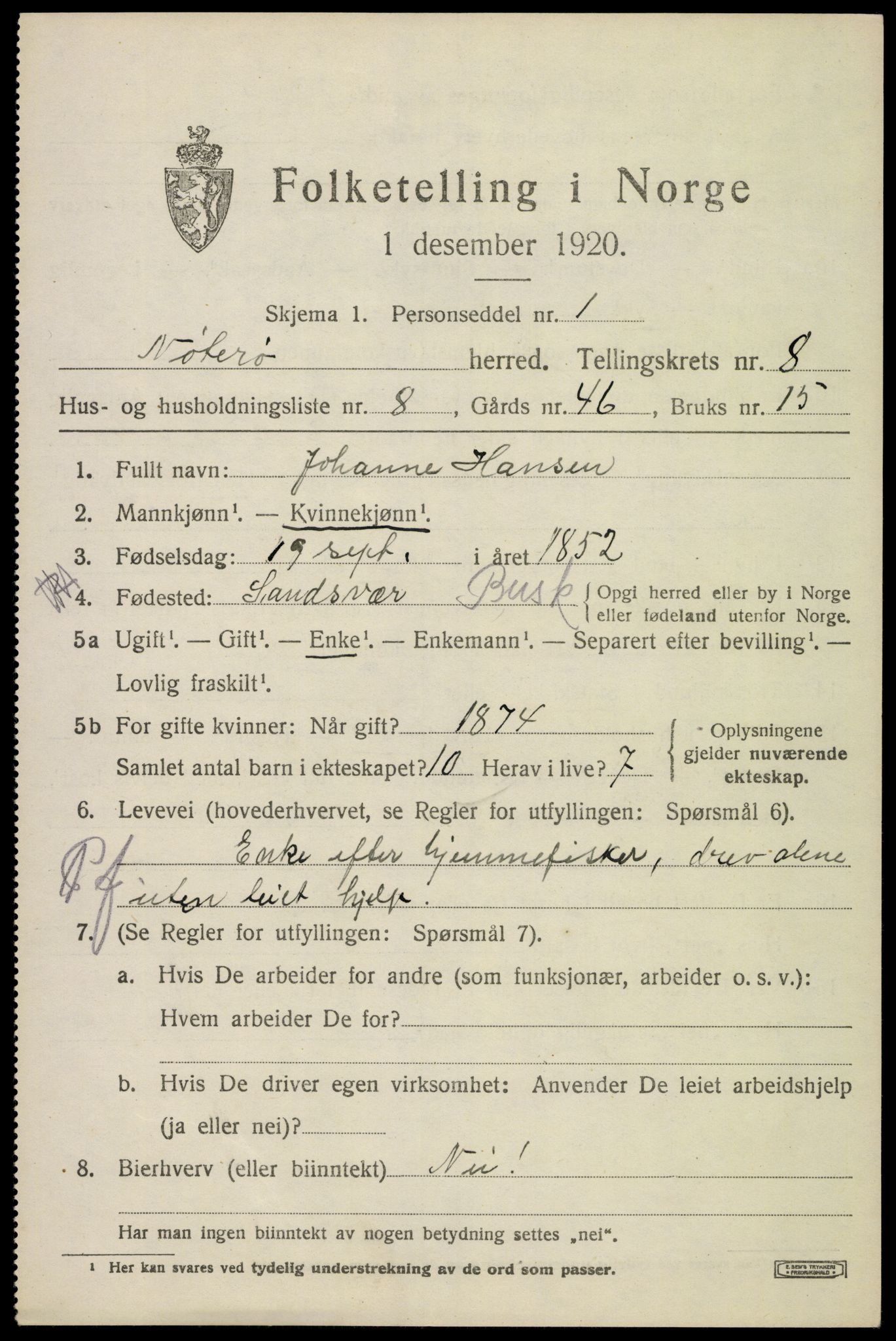 SAKO, 1920 census for Nøtterøy, 1920, p. 10445