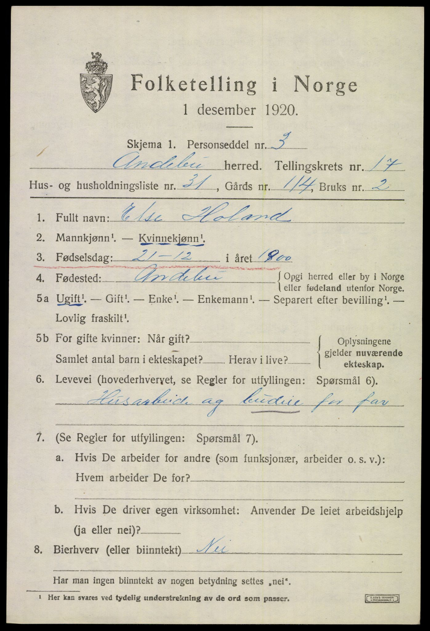 SAKO, 1920 census for Andebu, 1920, p. 6034