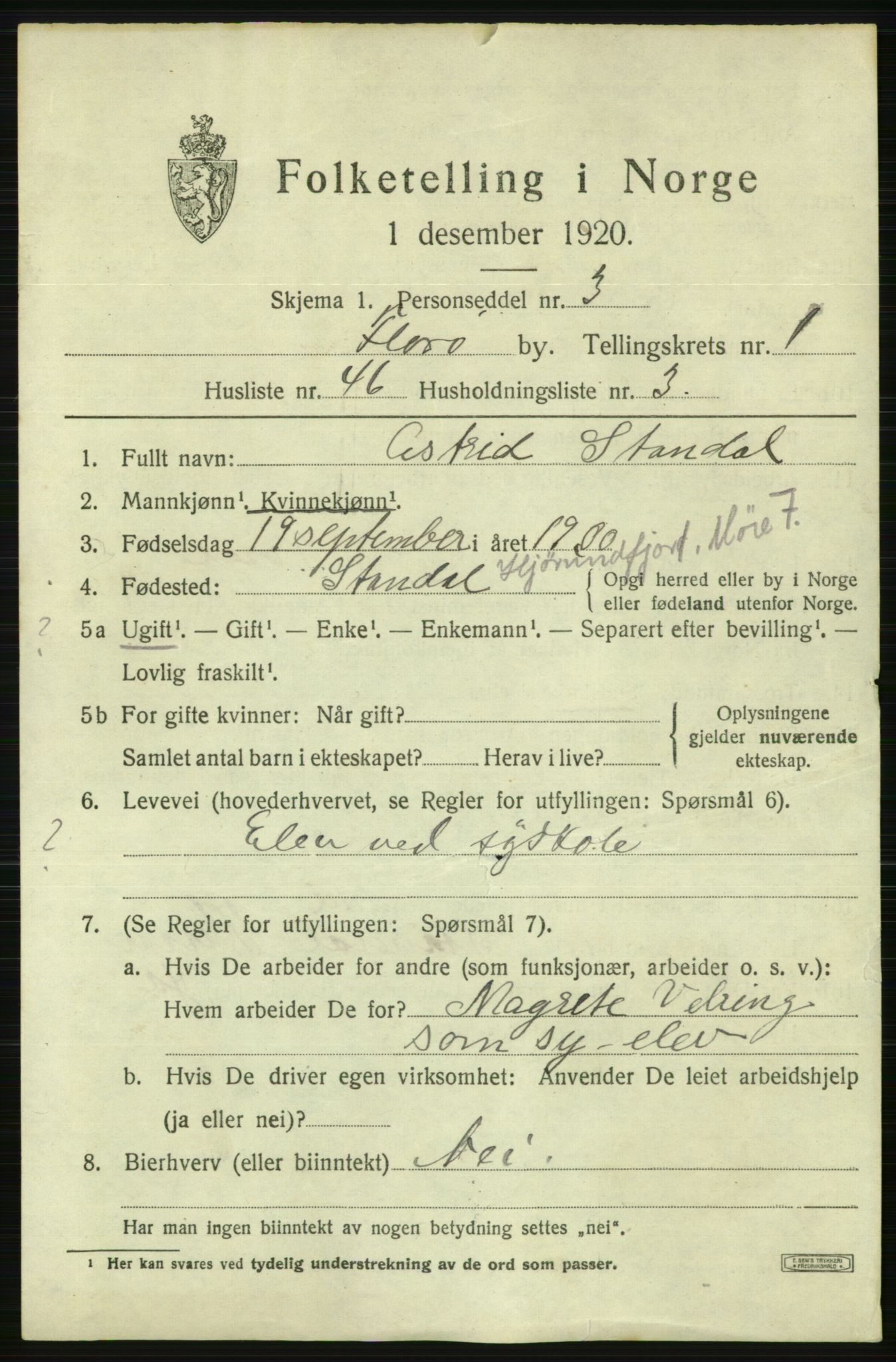 SAB, 1920 census for Florø, 1920, p. 2048