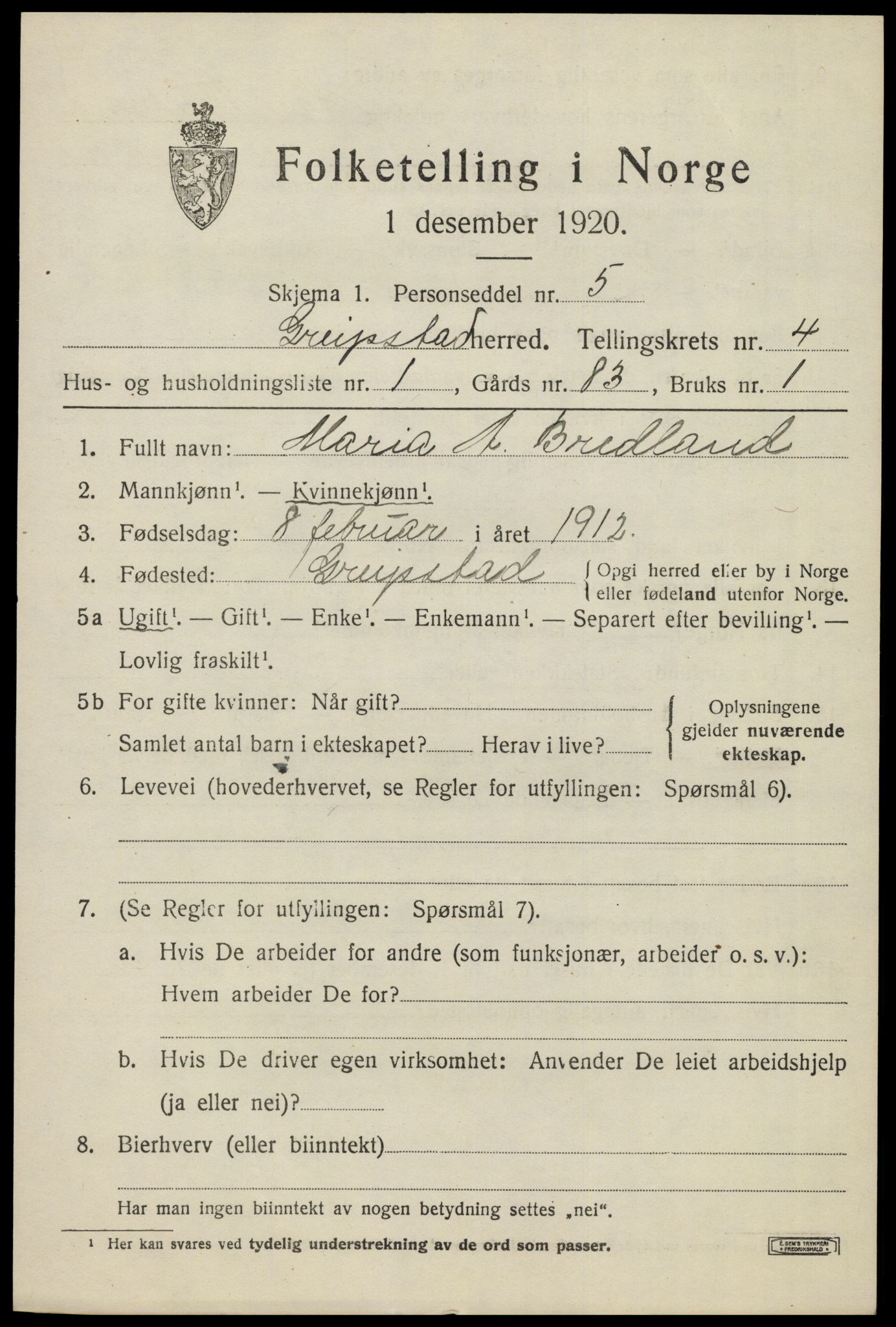 SAK, 1920 census for Greipstad, 1920, p. 1506