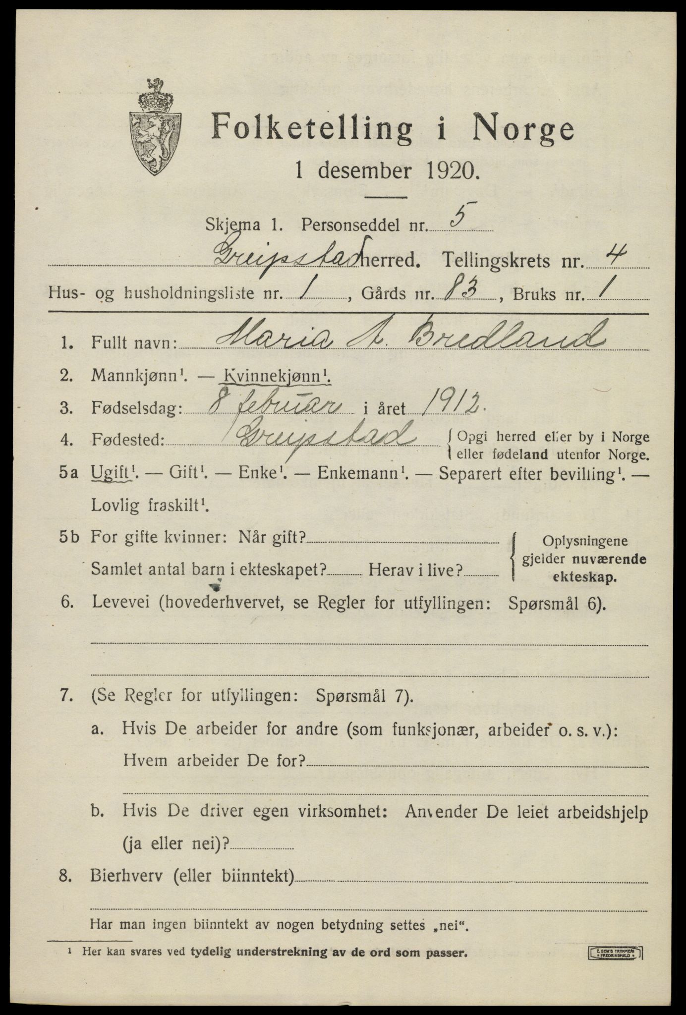 SAK, 1920 census for Greipstad, 1920, p. 1506