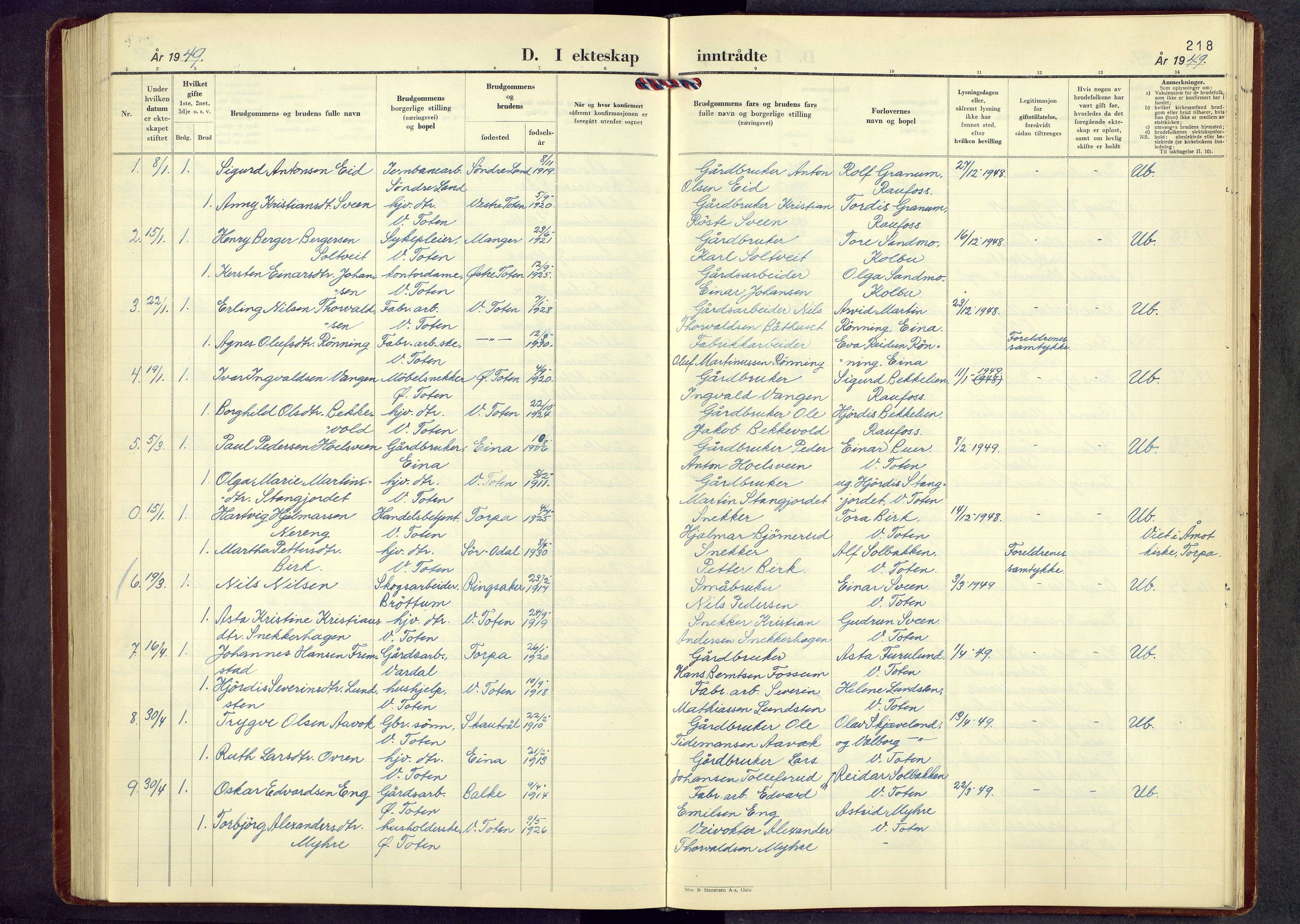 Vestre Toten prestekontor, AV/SAH-PREST-108/H/Ha/Hab/L0017: Parish register (copy) no. 17, 1947-1969, p. 218