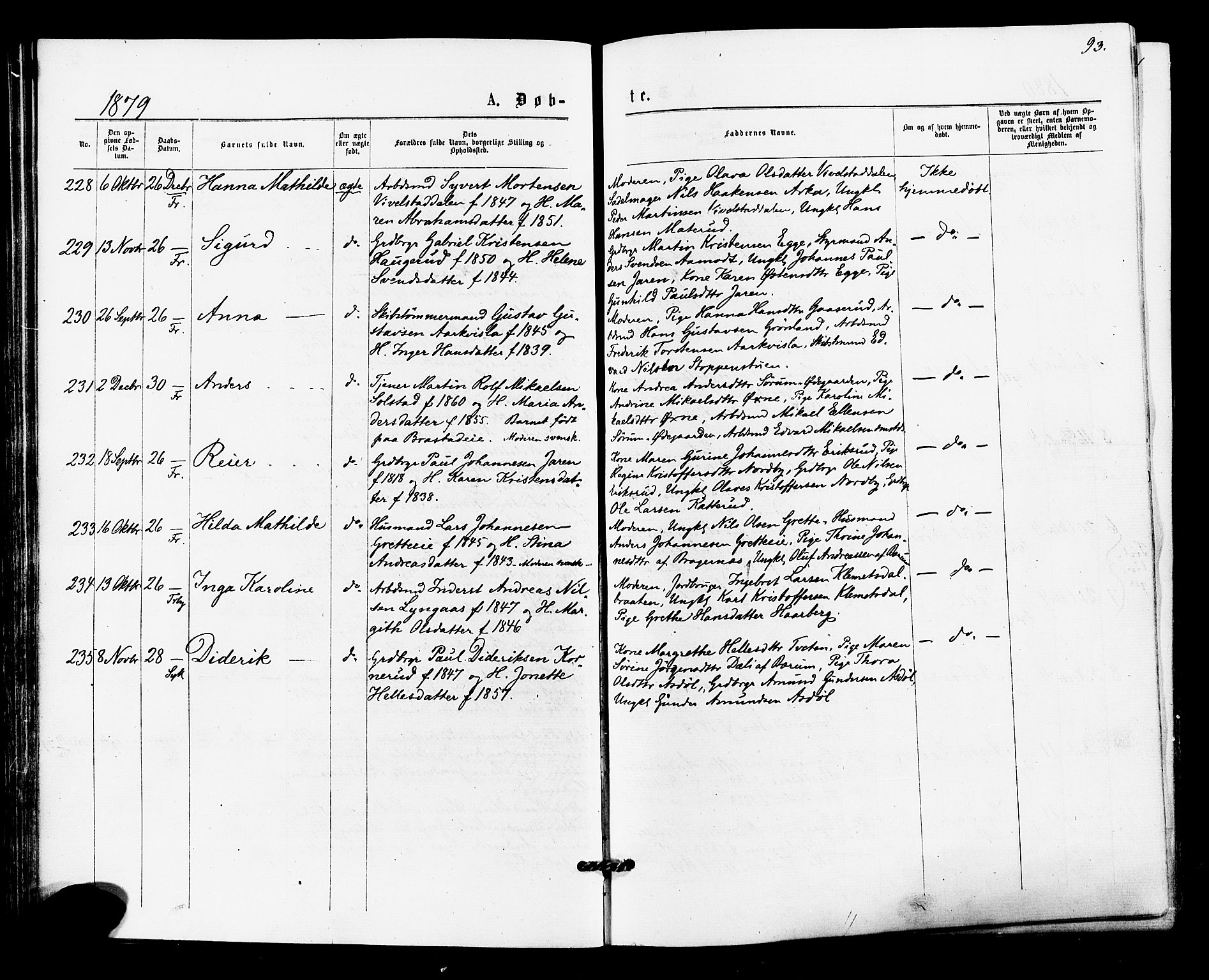 Lier kirkebøker, SAKO/A-230/F/Fa/L0014: Parish register (official) no. I 14, 1875-1882, p. 93