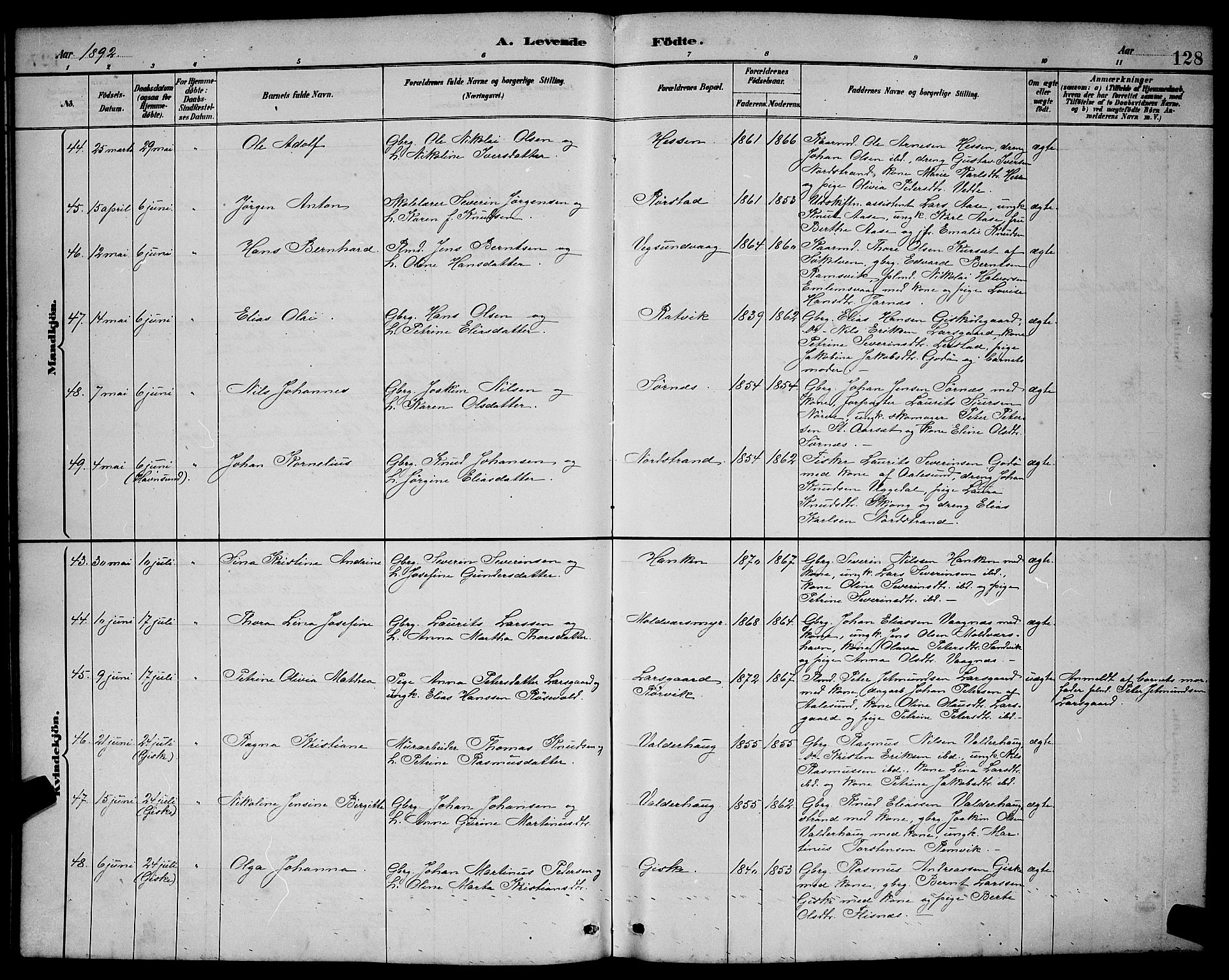 Ministerialprotokoller, klokkerbøker og fødselsregistre - Møre og Romsdal, AV/SAT-A-1454/528/L0431: Parish register (copy) no. 528C12, 1885-1898, p. 128