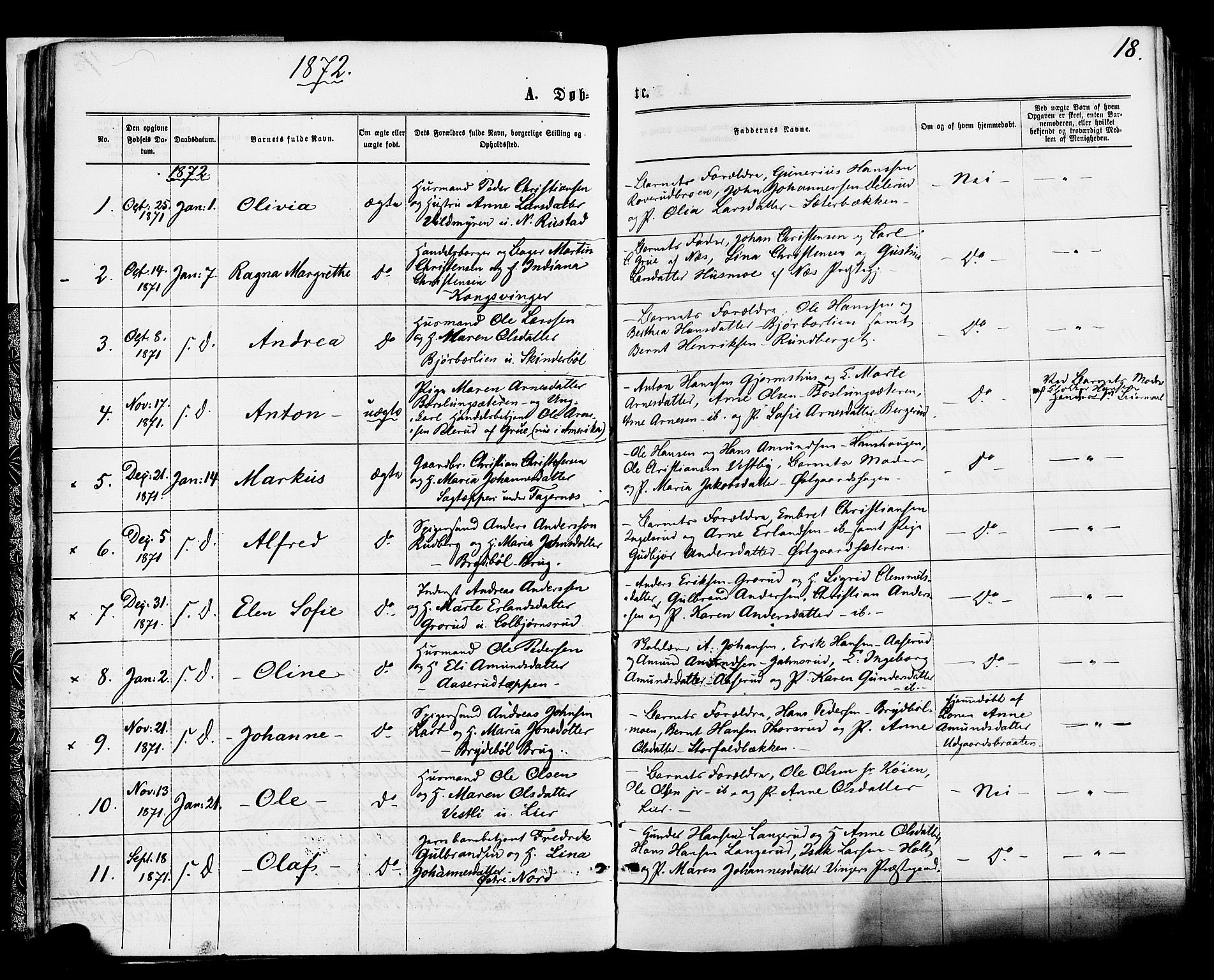 Vinger prestekontor, SAH/PREST-024/H/Ha/Haa/L0012: Parish register (official) no. 12, 1871-1880, p. 18