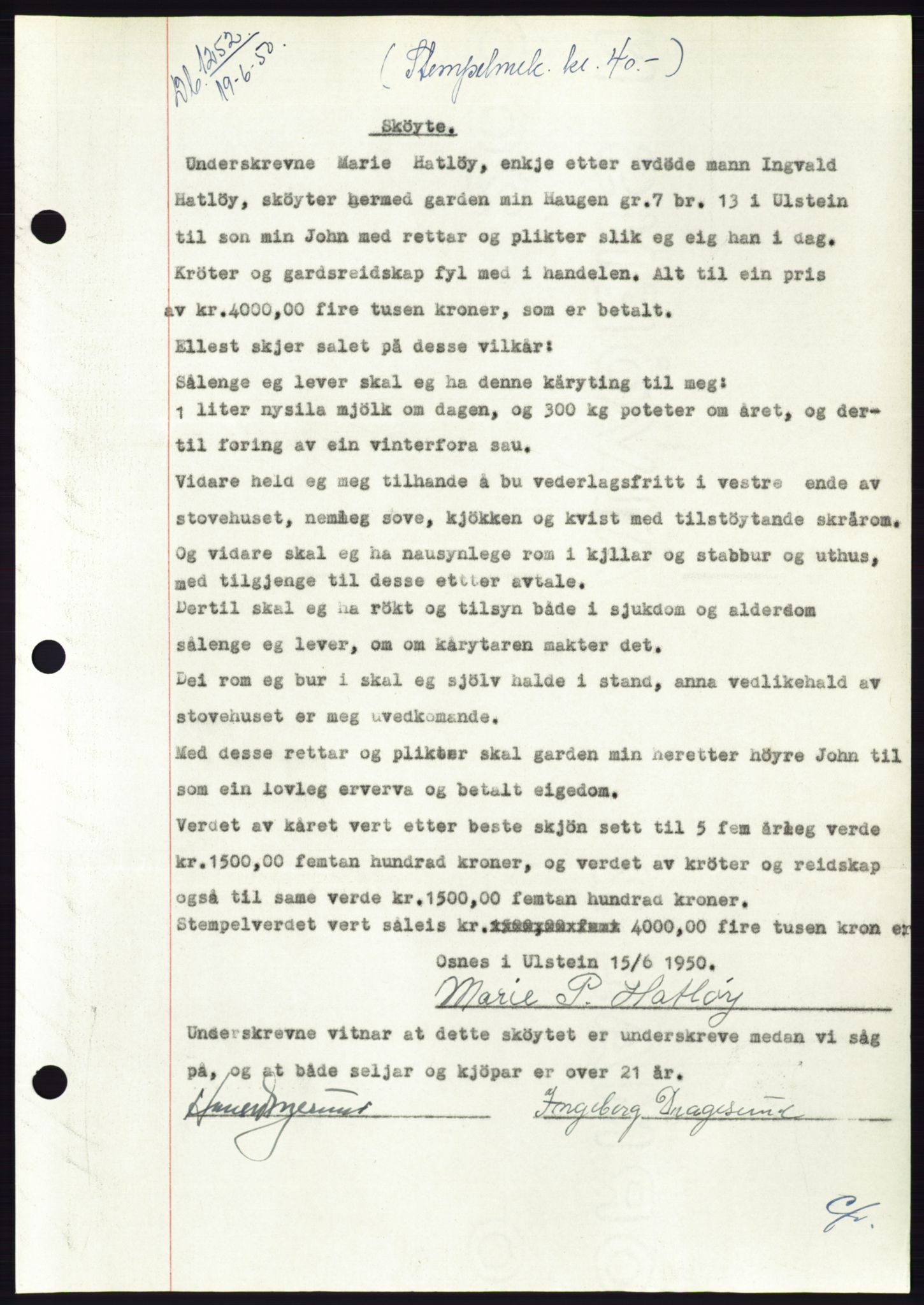 Søre Sunnmøre sorenskriveri, AV/SAT-A-4122/1/2/2C/L0087: Mortgage book no. 13A, 1950-1950, Diary no: : 1252/1950