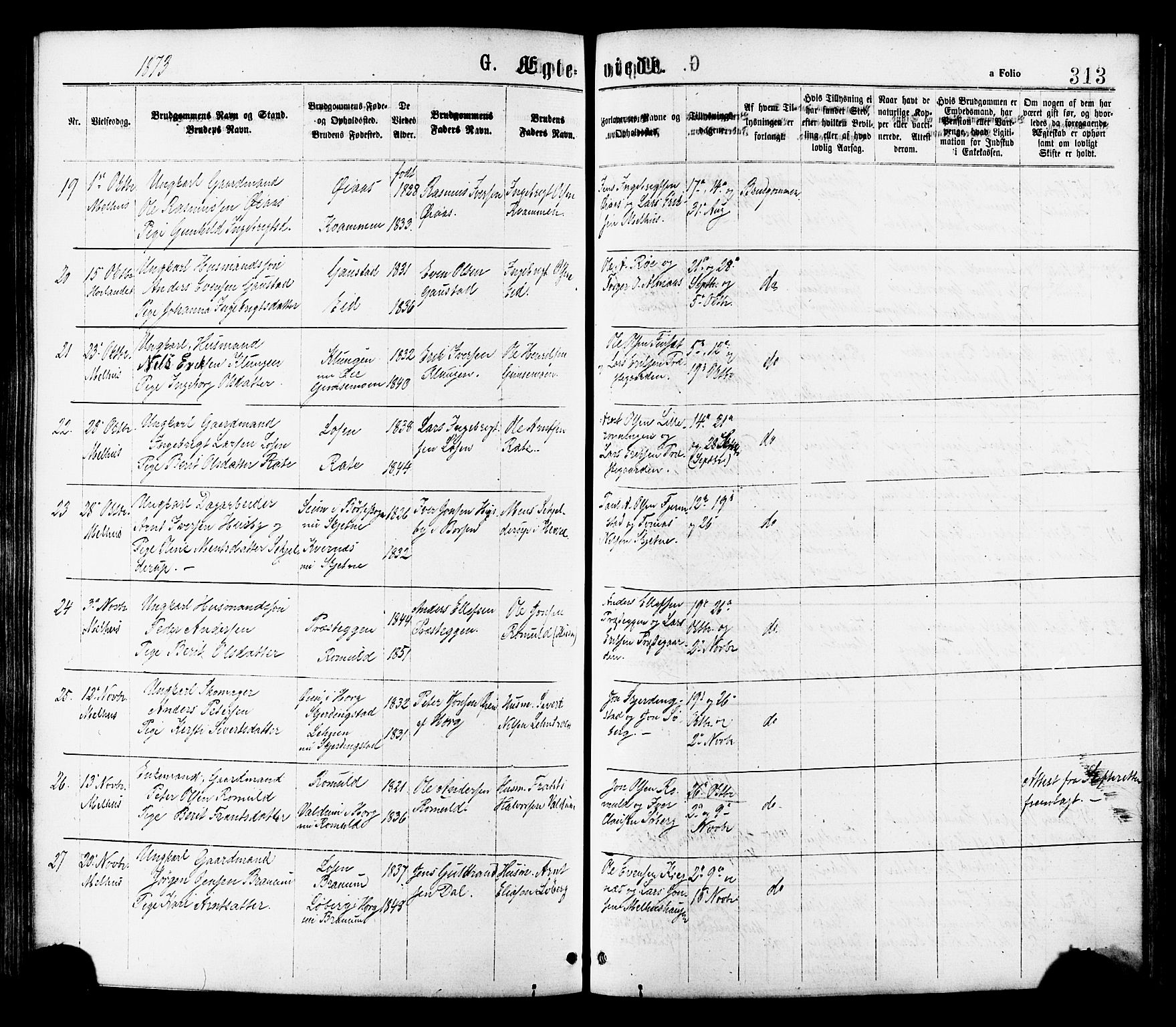 Ministerialprotokoller, klokkerbøker og fødselsregistre - Sør-Trøndelag, AV/SAT-A-1456/691/L1079: Parish register (official) no. 691A11, 1873-1886, p. 313