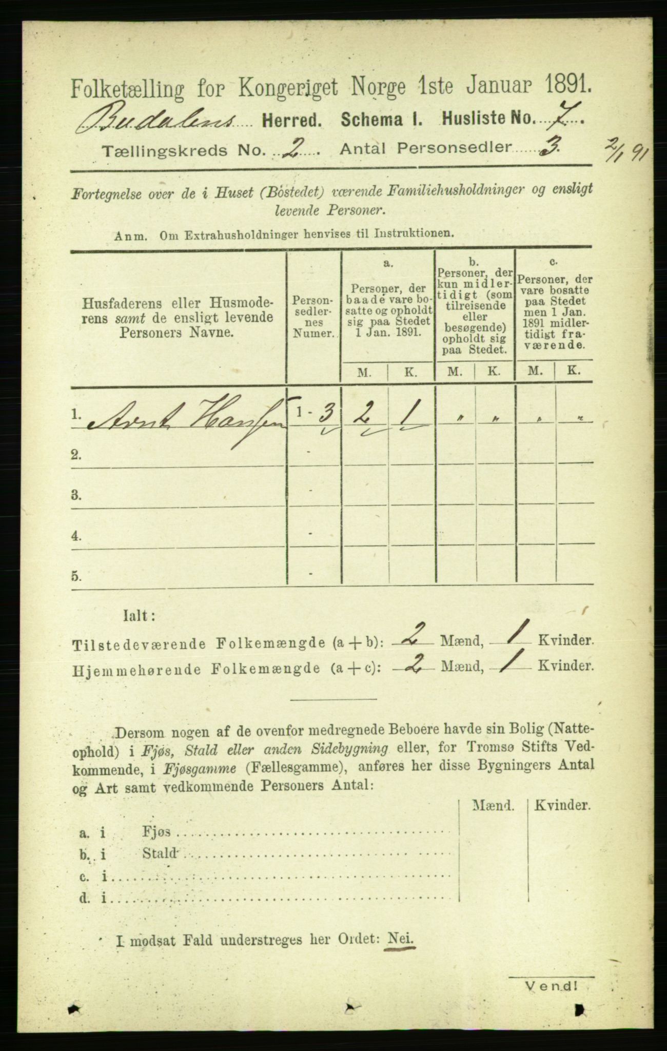 RA, 1891 census for 1647 Budal, 1891, p. 385