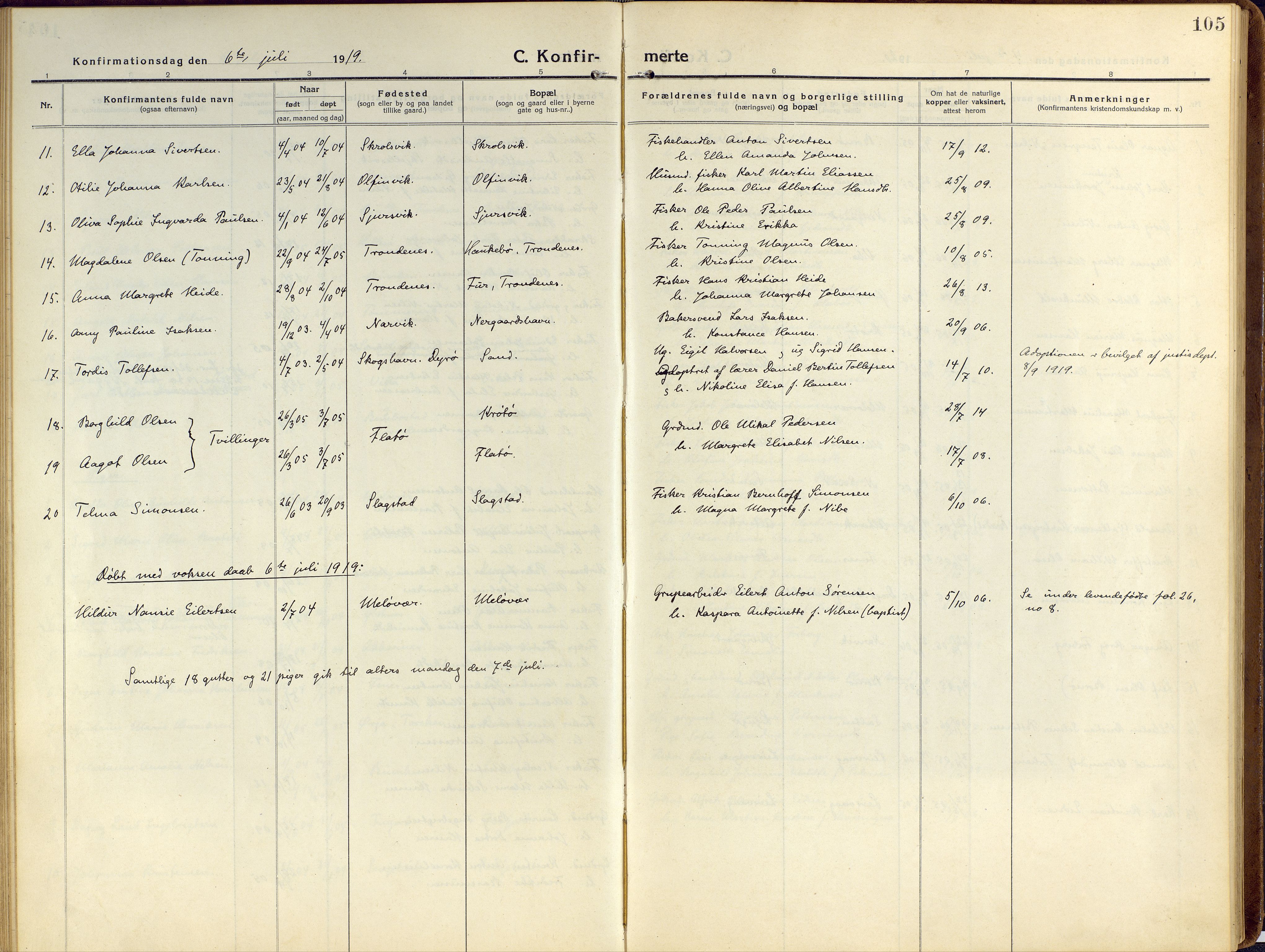 Sand/Bjarkøy sokneprestkontor, SATØ/S-0811/I/Ia/Iaa/L0006kirke: Parish register (official) no. 6, 1915-1929, p. 105