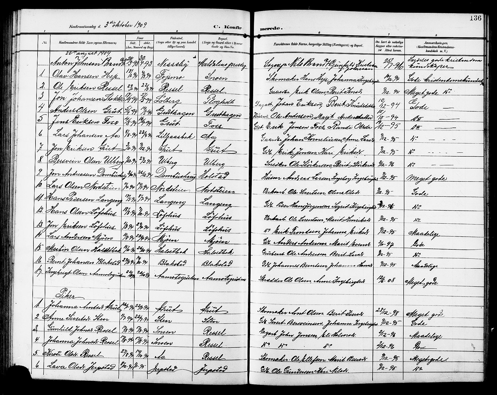 Ministerialprotokoller, klokkerbøker og fødselsregistre - Sør-Trøndelag, AV/SAT-A-1456/672/L0864: Parish register (copy) no. 672C03, 1902-1914, p. 136