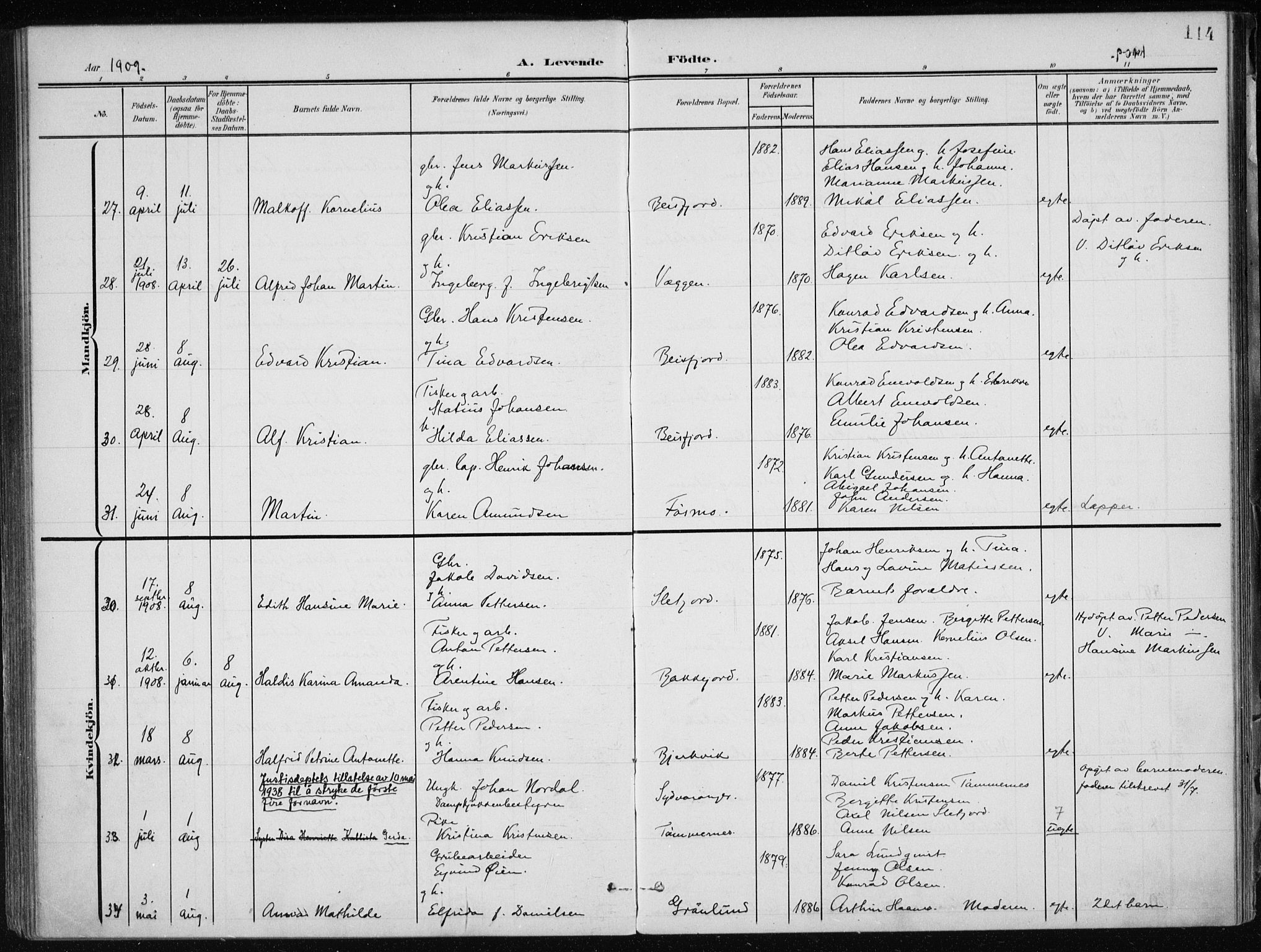 Ministerialprotokoller, klokkerbøker og fødselsregistre - Nordland, AV/SAT-A-1459/866/L0941: Parish register (official) no. 866A04, 1901-1917, p. 114