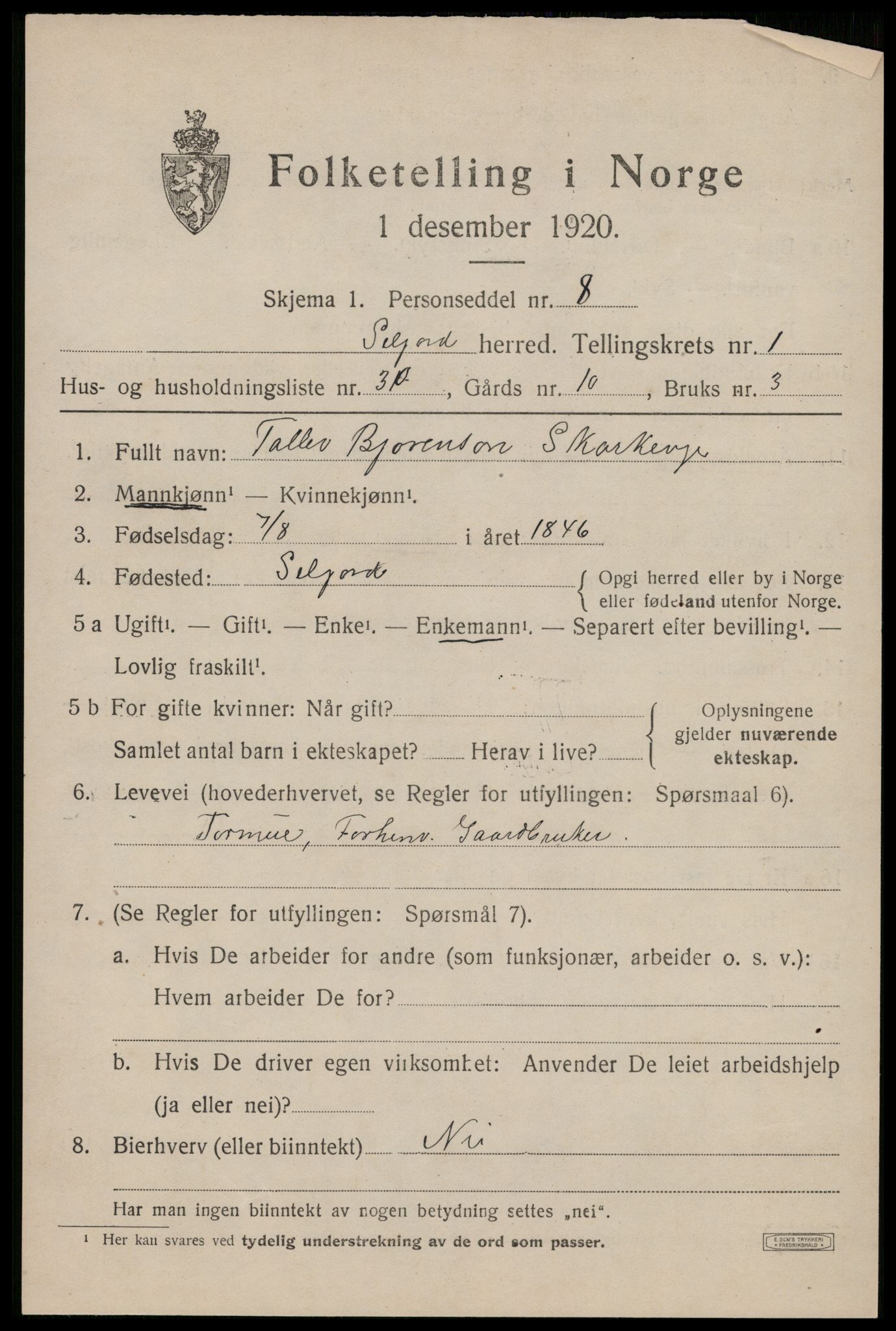 SAKO, 1920 census for Seljord, 1920, p. 1506