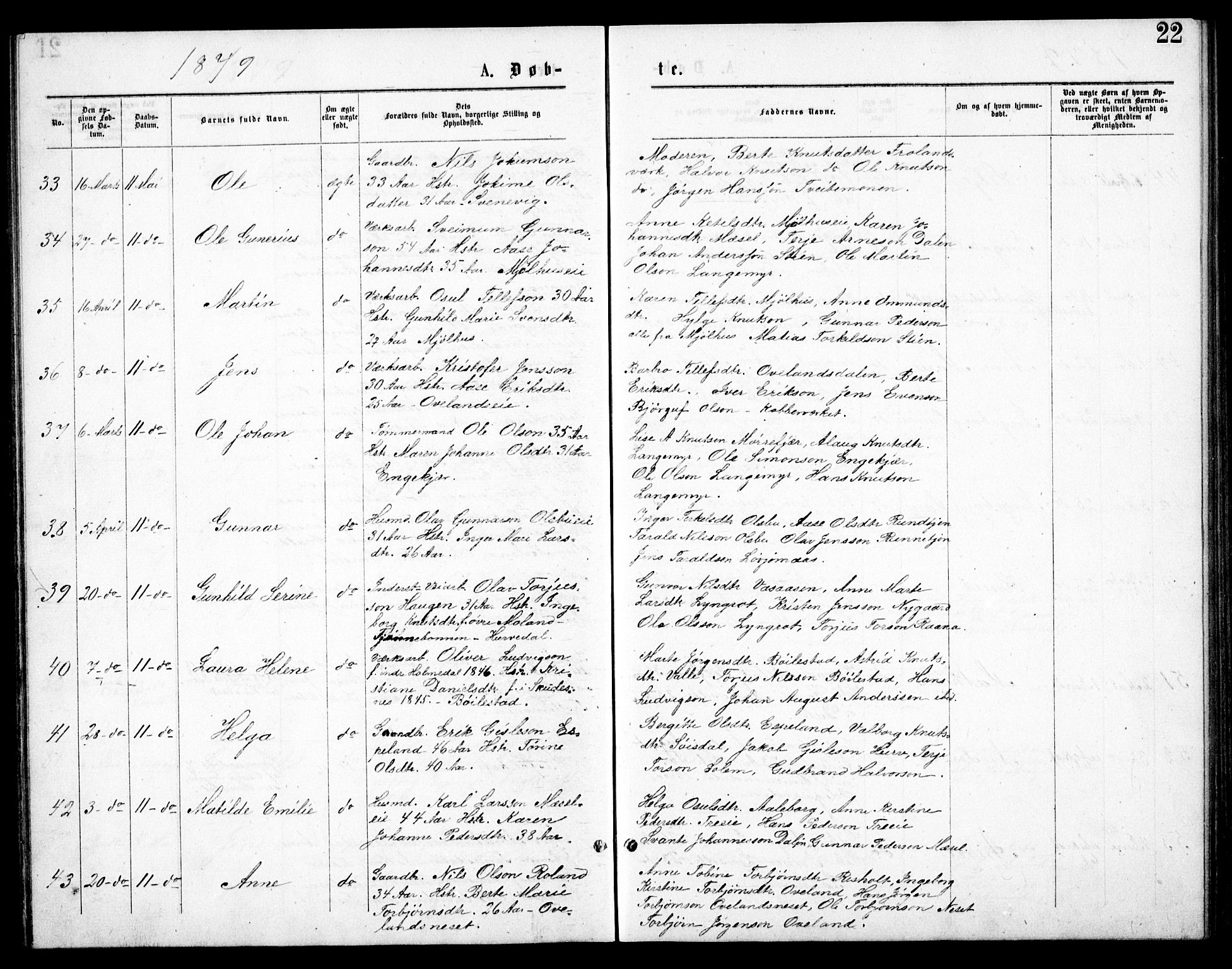 Froland sokneprestkontor, AV/SAK-1111-0013/F/Fb/L0009: Parish register (copy) no. B 9, 1875-1893, p. 22