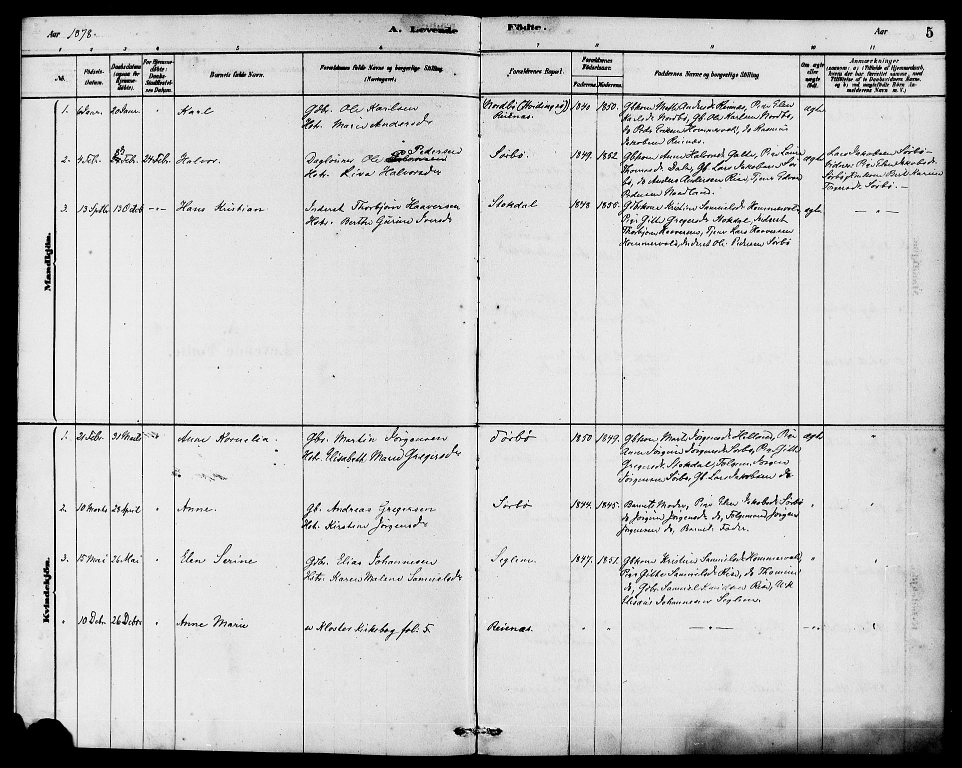 Rennesøy sokneprestkontor, SAST/A -101827/H/Ha/Haa/L0008: Parish register (official) no. A 8, 1878-1890, p. 5